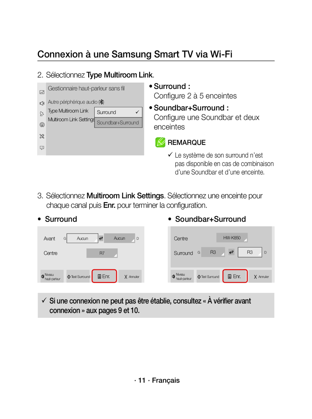 Samsung WAM1500/EN, WAM1500/XE manual Sélectionnez Type Multiroom Link, · 11 · Français, Autre périphérique audio, Aucun 