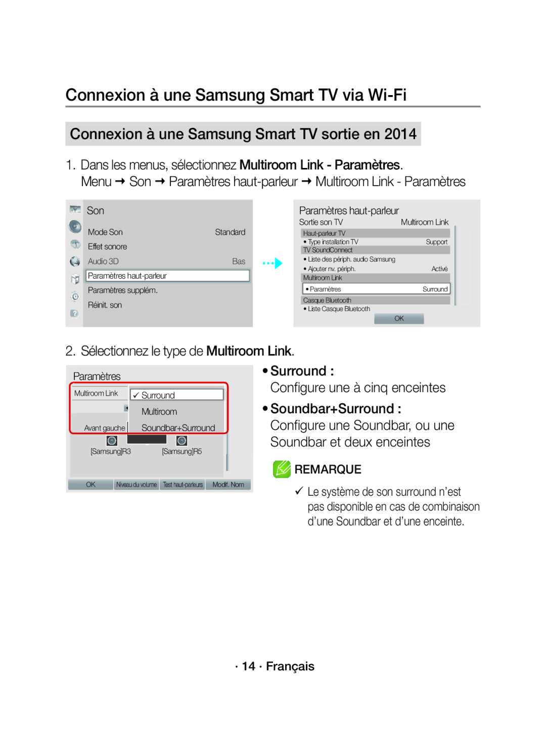 Samsung WAM1500/XE manual Dans les menus, sélectionnez Multiroom Link Paramètres, Sélectionnez le type de Multiroom Link 