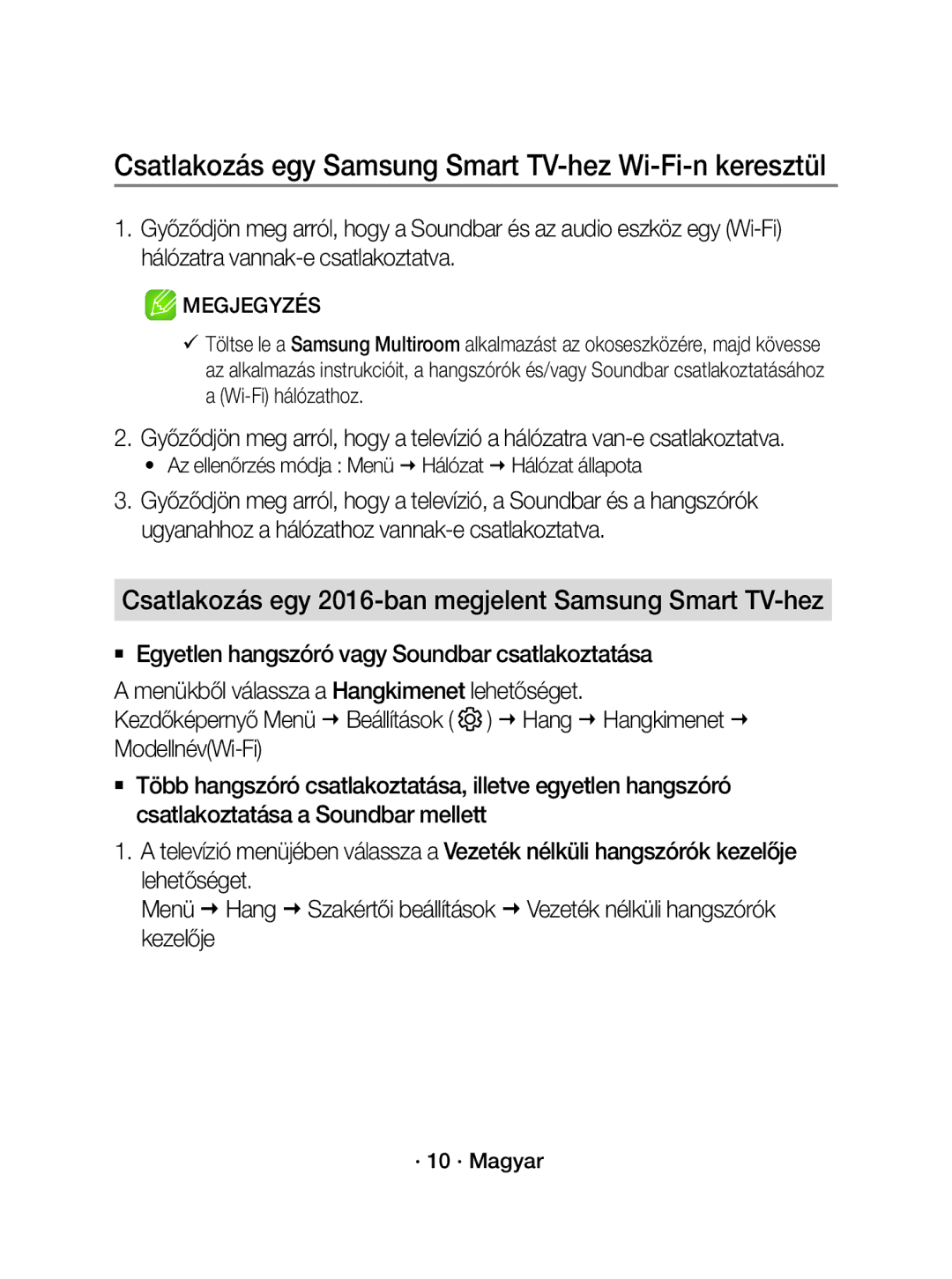 Samsung WAM1500/XE, WAM1500/EN manual Csatlakozás egy Samsung Smart TV-hez Wi-Fi-n keresztül, · 10 · Magyar 