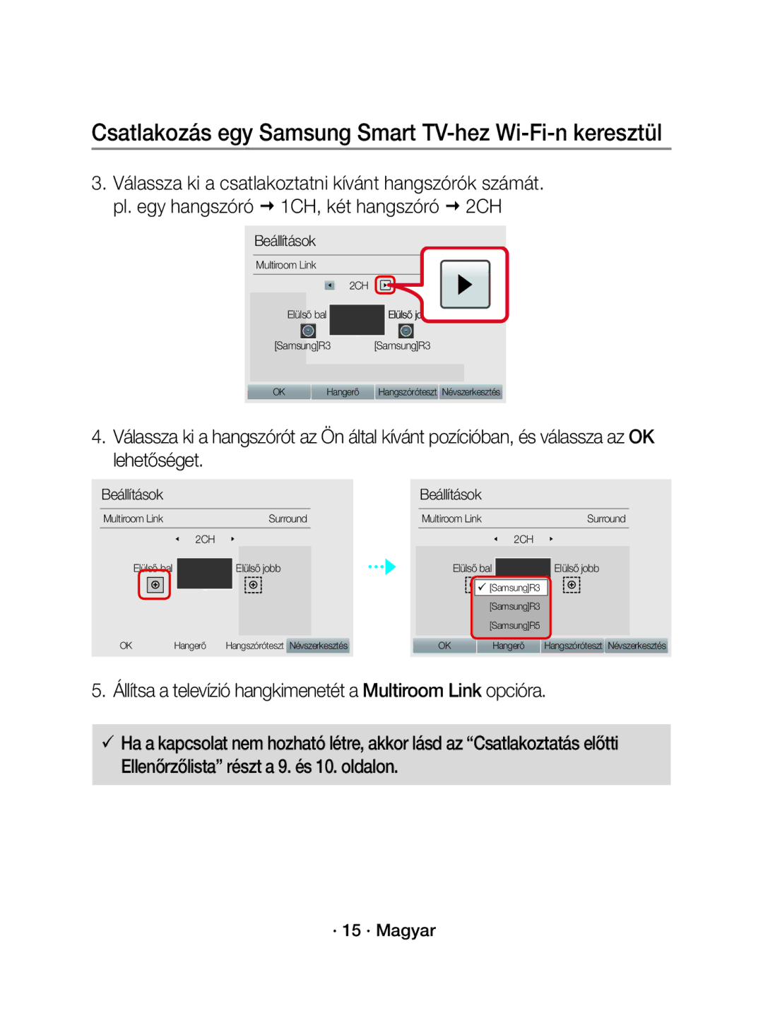 Samsung WAM1500/EN, WAM1500/XE manual Állítsa a televízió hangkimenetét a Multiroom Link opcióra, Elülső jo bb, Elülső jobb 