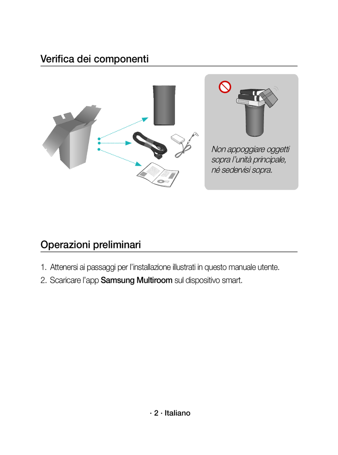 Samsung WAM1500/EN, WAM1500/XE manual Verifica dei componenti, Operazioni preliminari, · 2 · Italiano 