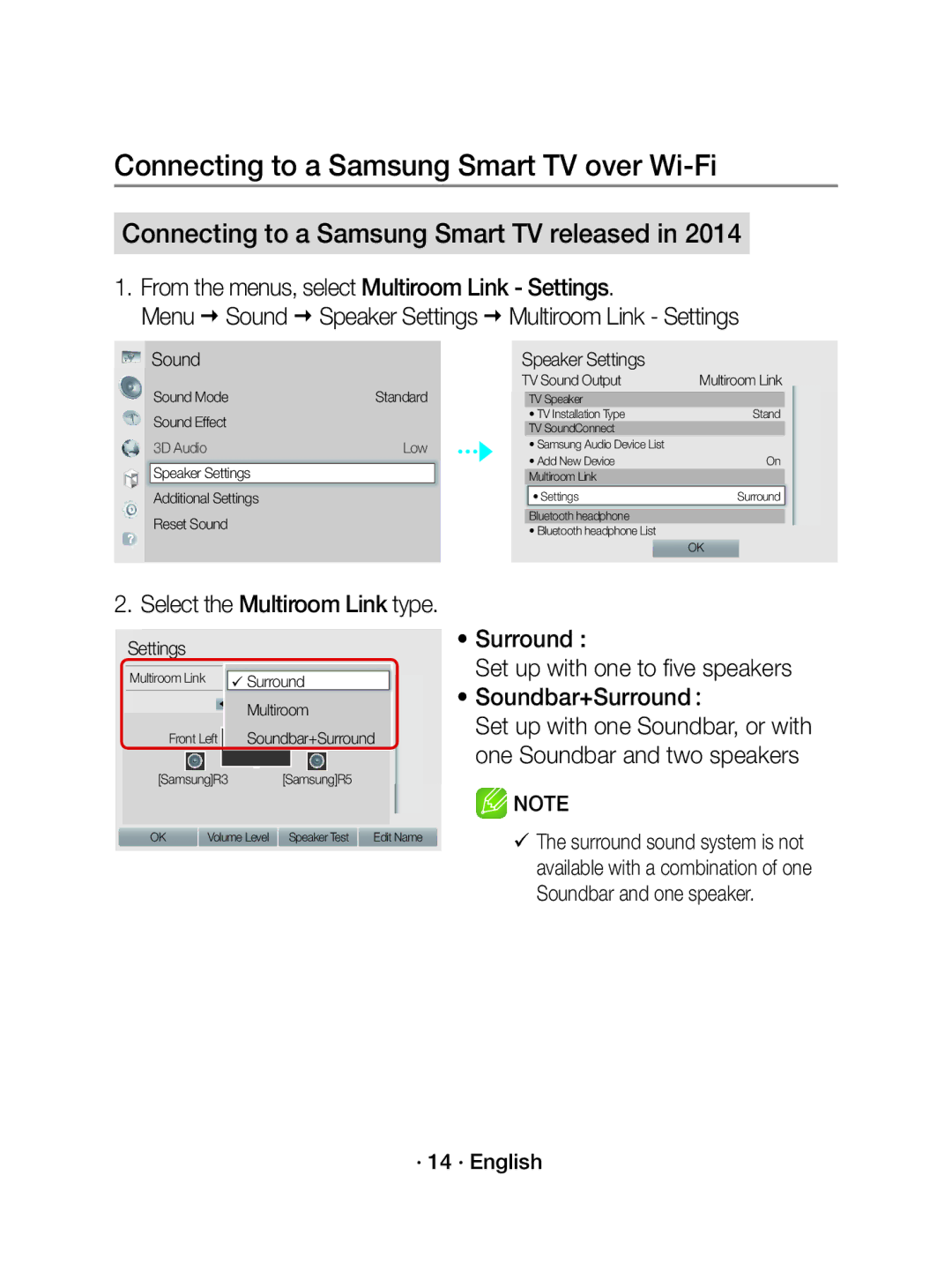 Samsung WAM1500/XE manual From the menus, select Multiroom Link Settings, Select the Multiroom Link type, · 14 · English 