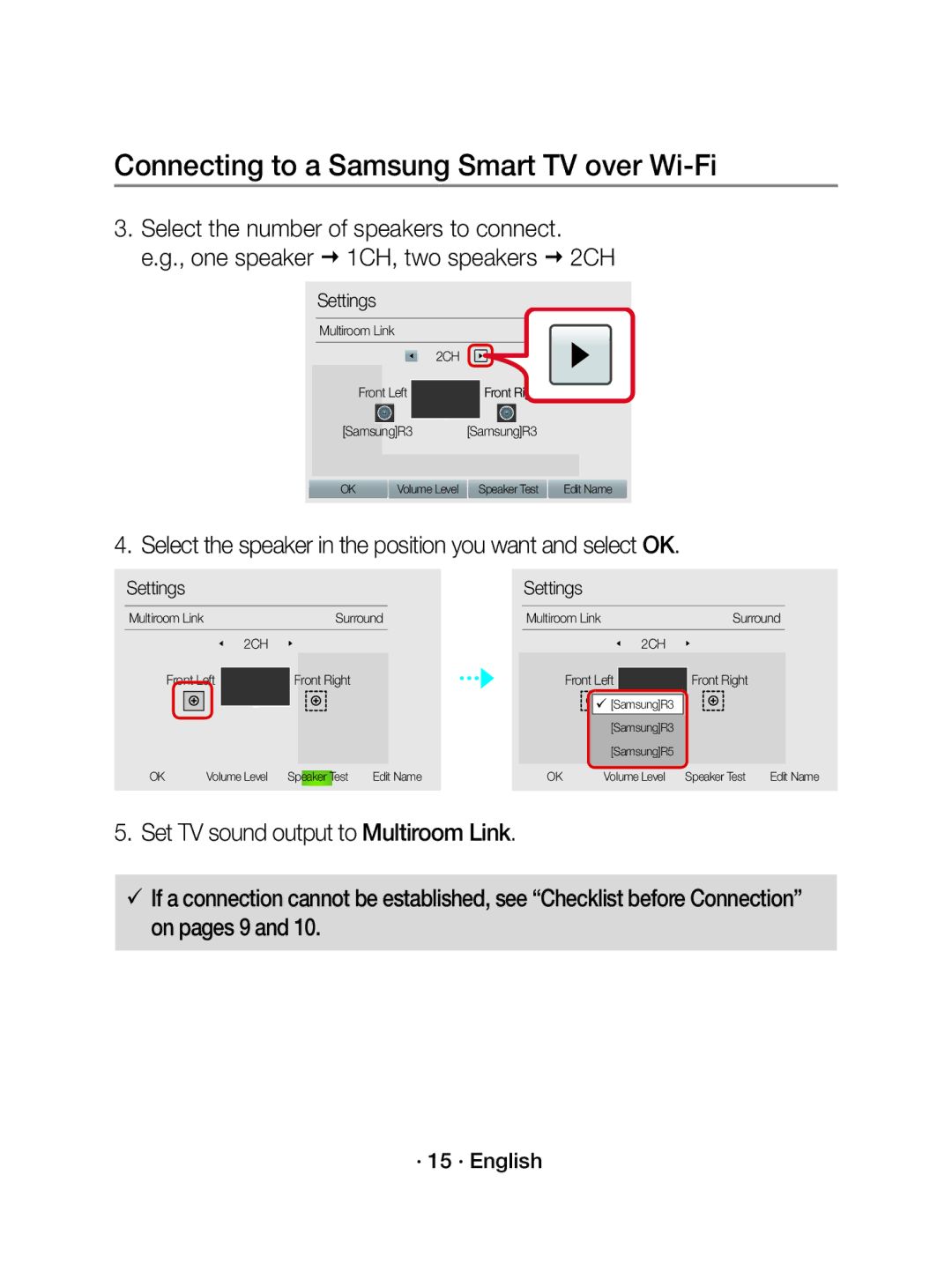 Samsung WAM1500/EN Select the speaker in the position you want and select OK, · 15 · English, Multiroom Link Surround 