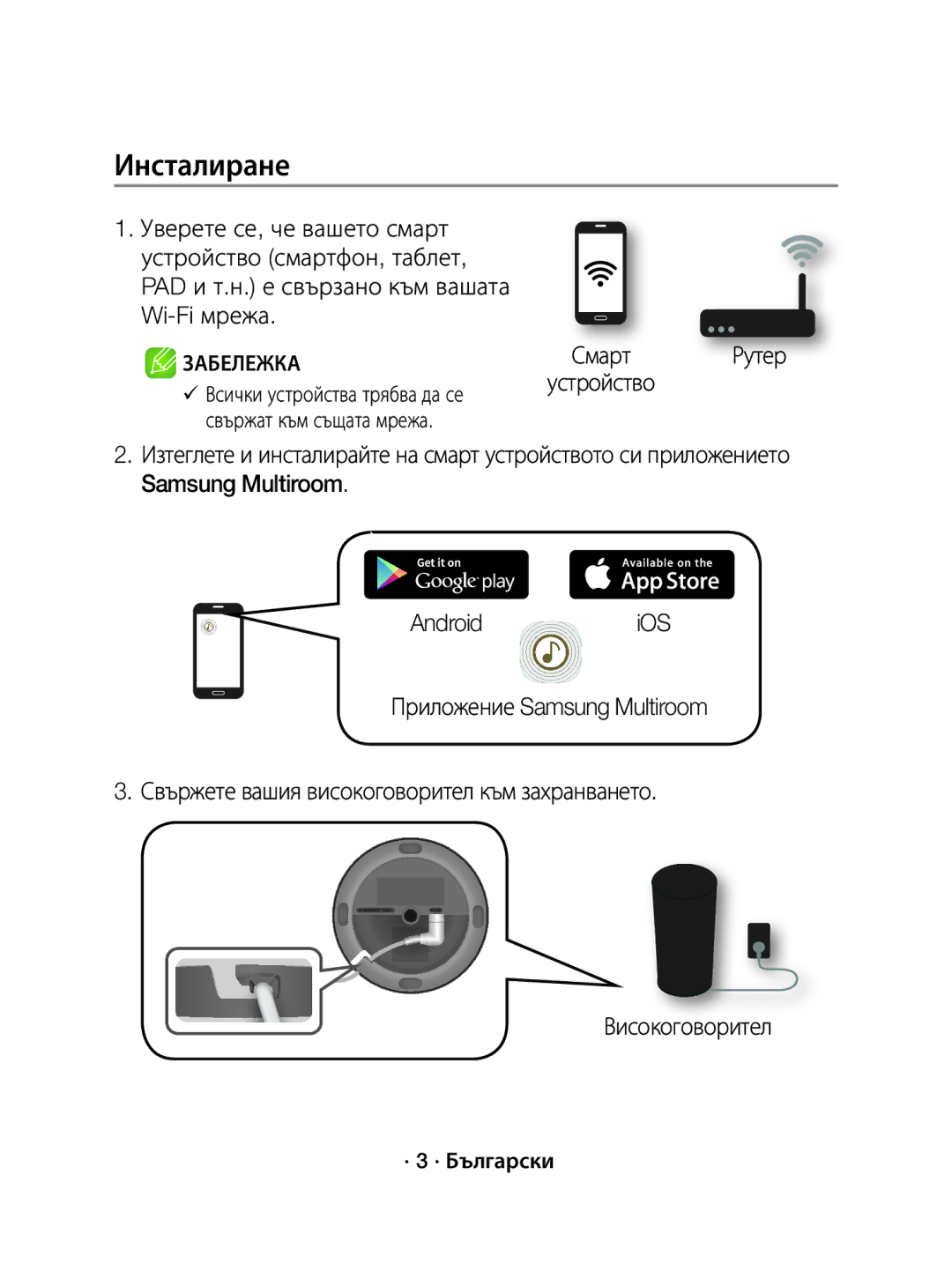 Samsung WAM1500/XE, WAM1500/EN manual Инсталиране, Смарт Рутер устройство, Високоговорител, · 3 · Български 