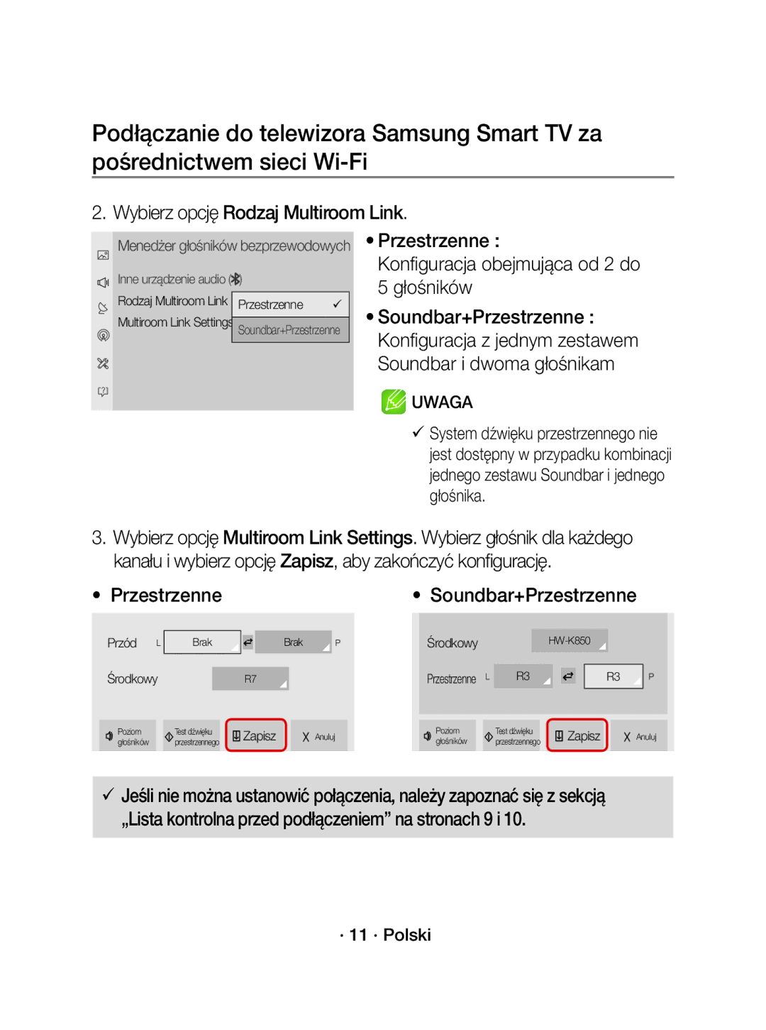 Samsung WAM1500/EN manual Wybierz opcję Rodzaj Multiroom Link, Przestrzenne Konfiguracja obejmująca od 2 do 5 głośników 