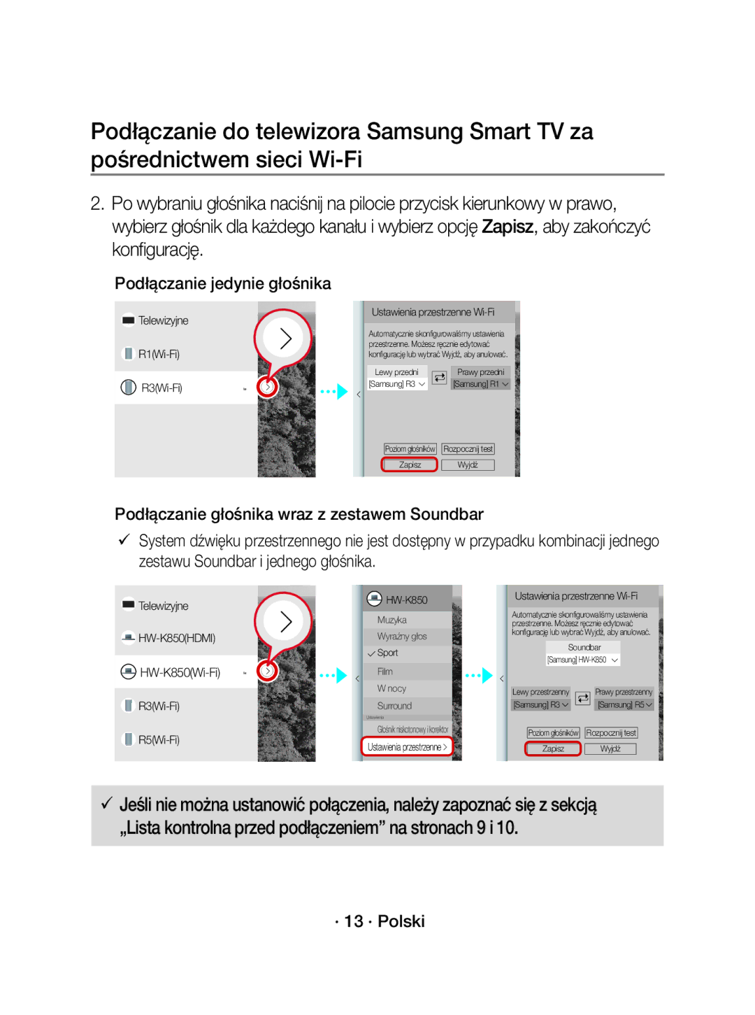 Samsung WAM1500/EN Podłączanie jedynie głośnika, · 13 · Polski, Telewizyjne R1Wi-Fi R3Wi-Fi Ustawienia przestrzenne Wi-Fi 