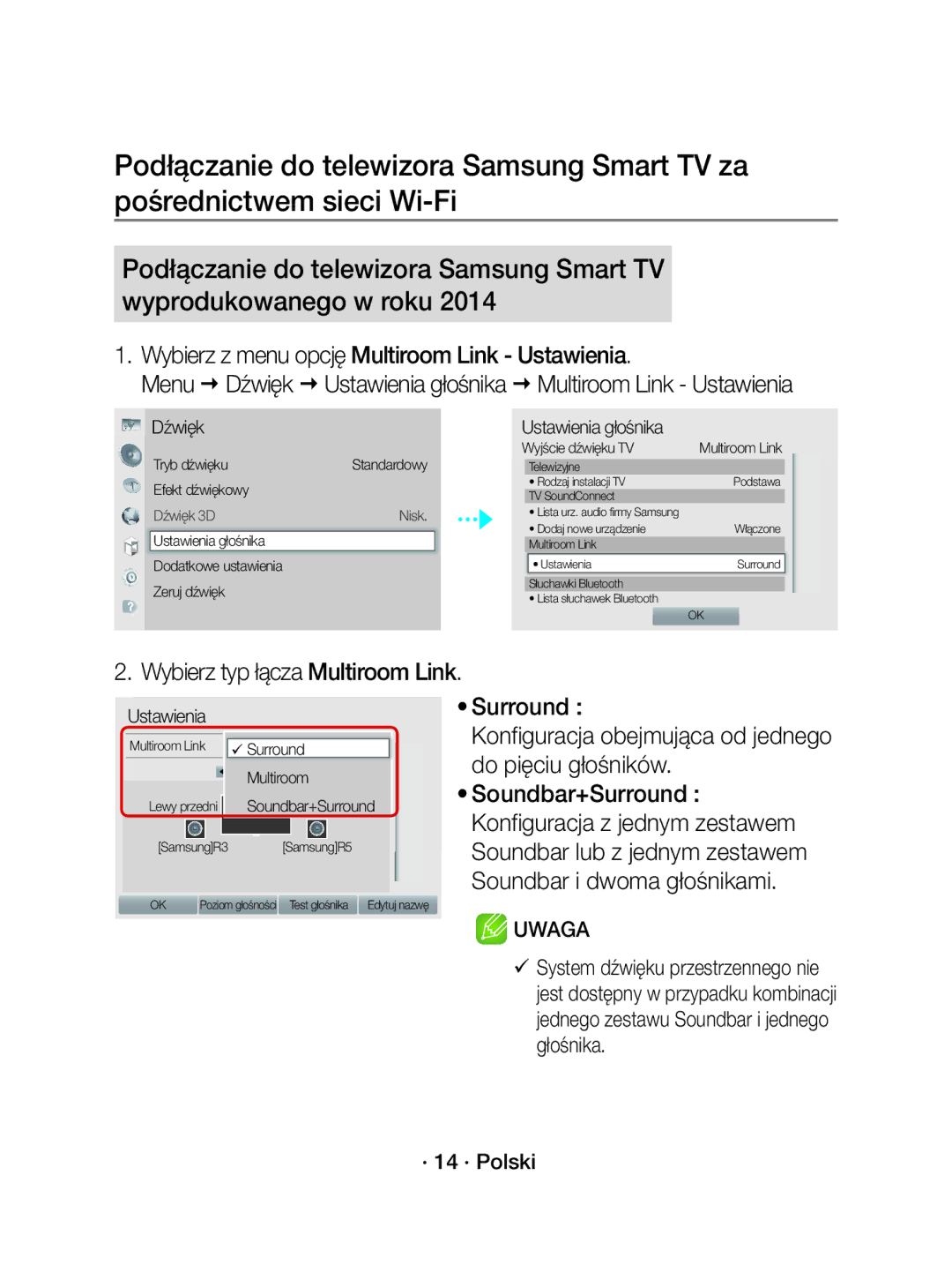 Samsung WAM1500/XE manual Wybierz z menu opcję Multiroom Link Ustawienia, Wybierz typ łącza Multiroom Link, · 14 · Polski 