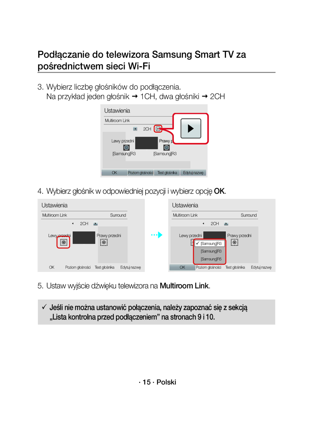 Samsung WAM1500/EN Wybierz głośnik w odpowiedniej pozycji i wybierz opcję OK, · 15 · Polski, Prawy p rzedni, Prawy przedni 