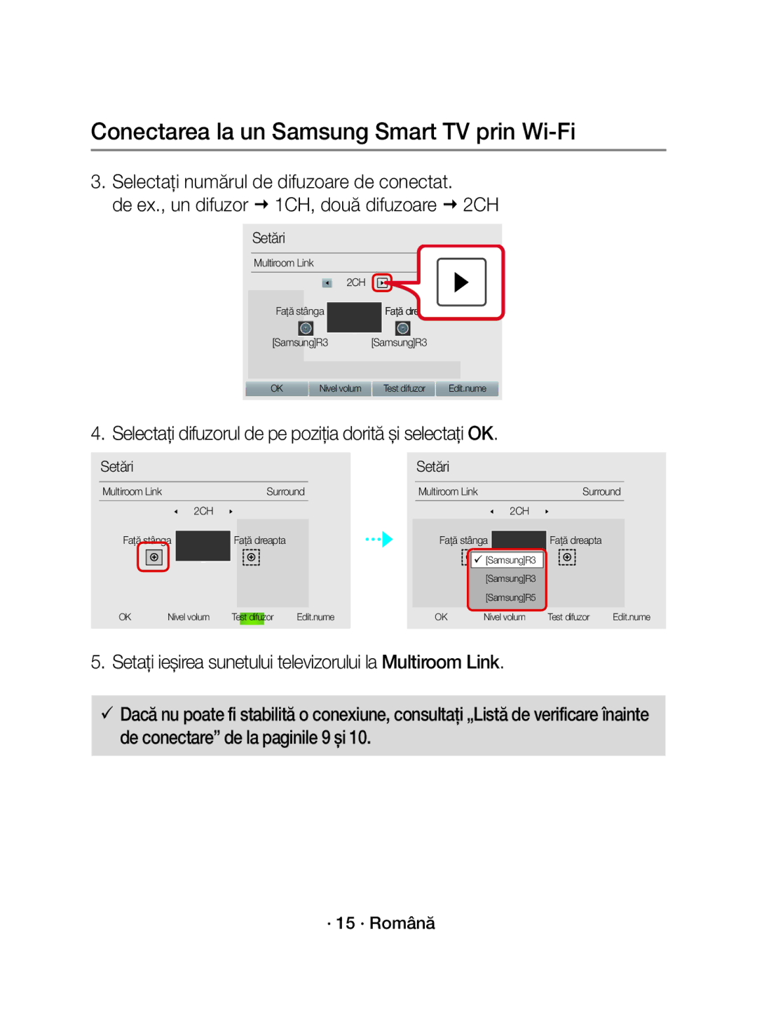 Samsung WAM1500/XE manual Selectați difuzorul de pe poziția dorită și selectați OK, · 15 · Română, Faţă dre apta SamsungR3 