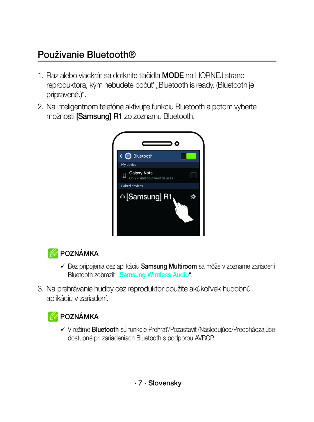 Samsung WAM1500/XE, WAM1500/EN manual Používanie Bluetooth, · 7 · Slovensky 