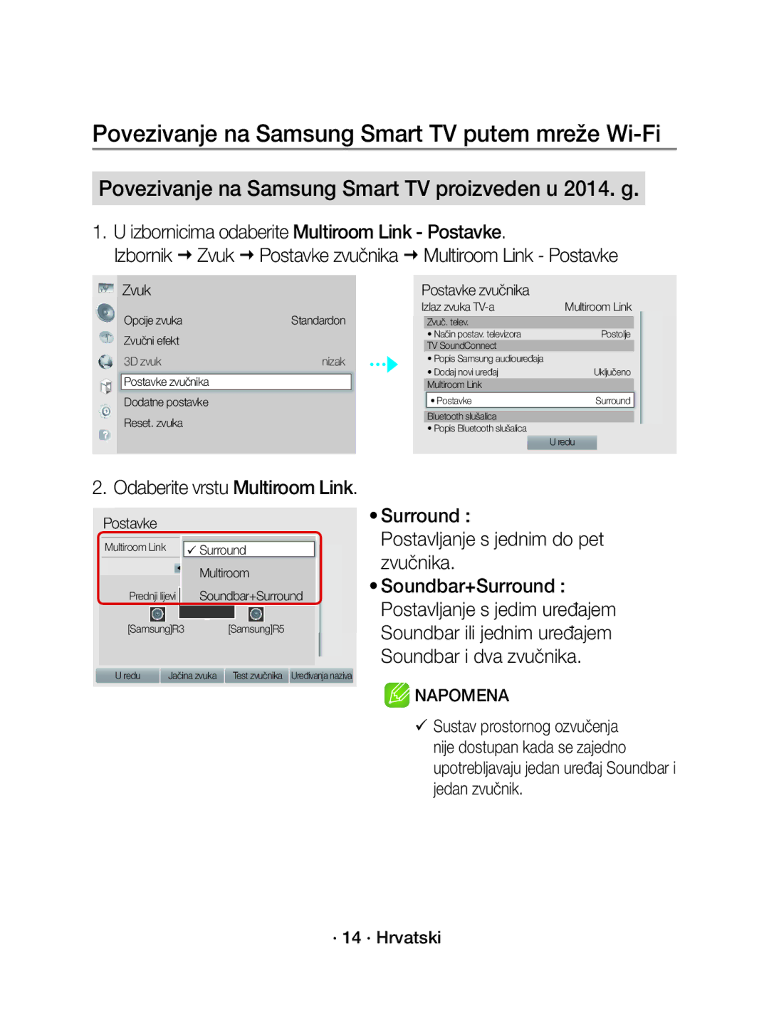 Samsung WAM1500/XE Povezivanje na Samsung Smart TV proizveden u 2014. g, Izbornicima odaberite Multiroom Link Postavke 