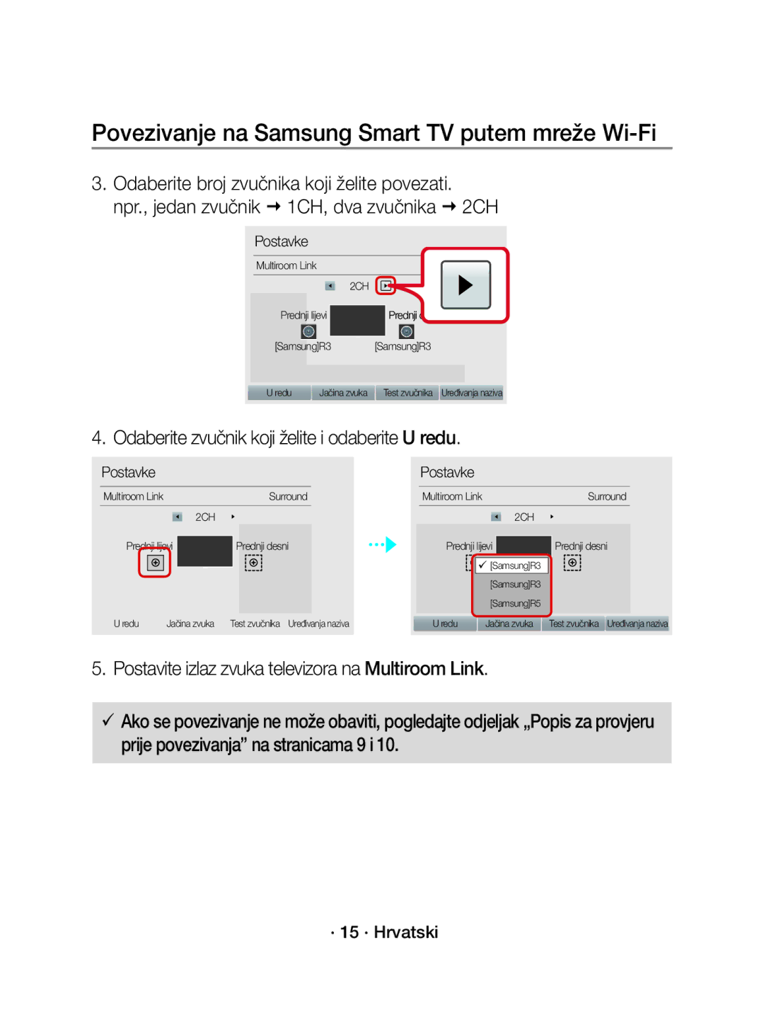 Samsung WAM1500/EN manual Odaberite zvučnik koji želite i odaberite U redu, · 15 · Hrvatski, Prednji d esni, Prednji desni 