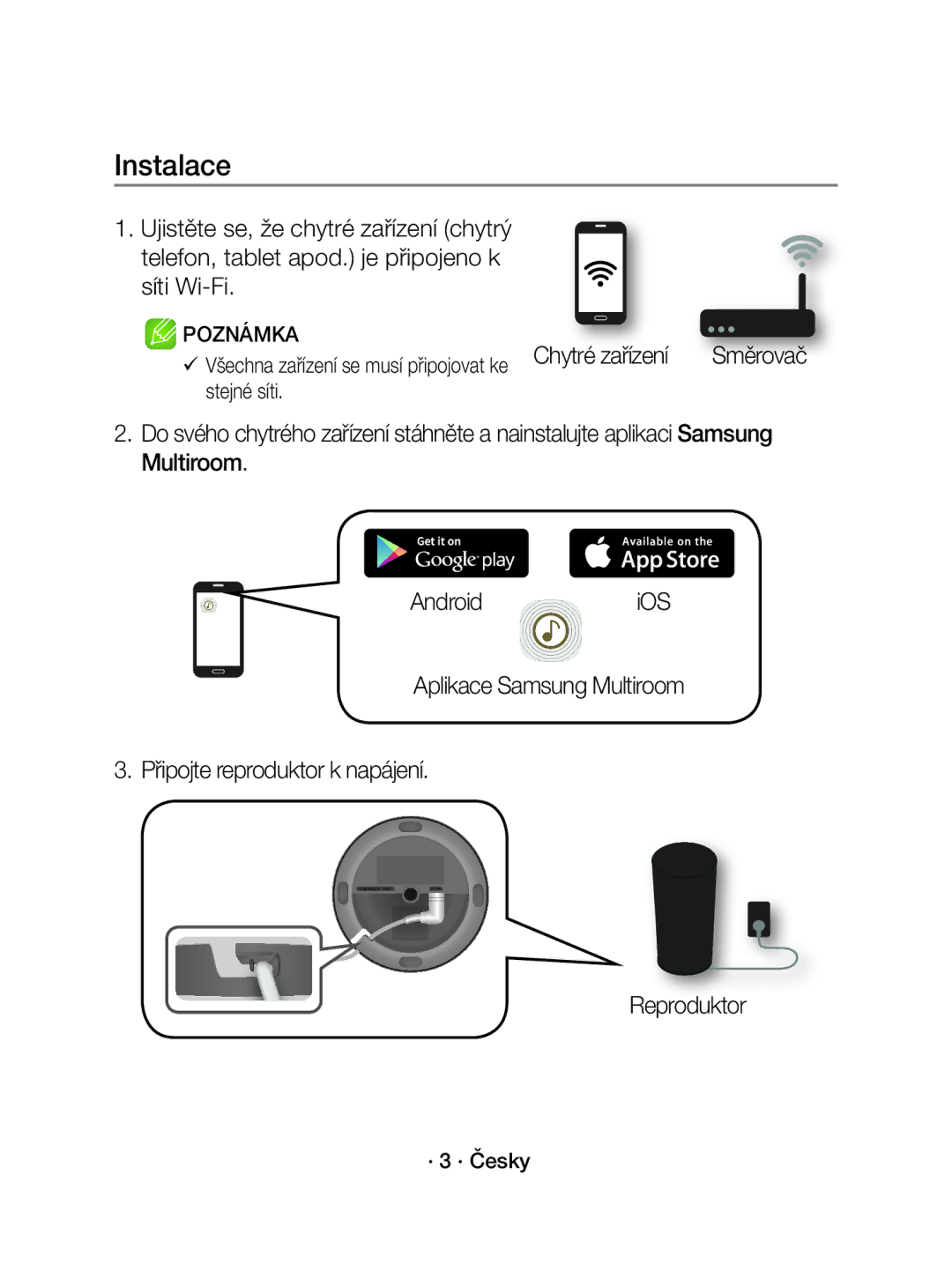 Samsung WAM1500/XE, WAM1500/EN manual Instalace, Reproduktor, · 3 · Česky 