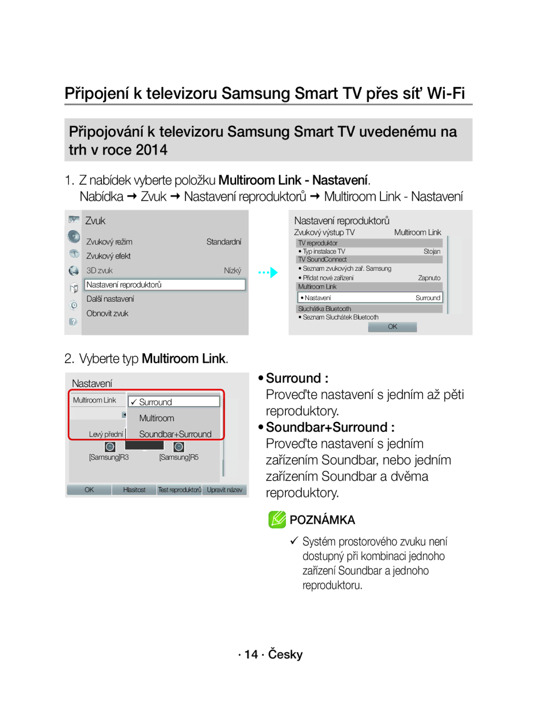 Samsung WAM1500/EN, WAM1500/XE manual Nabídek vyberte položku Multiroom Link Nastavení, · 14 · Česky 