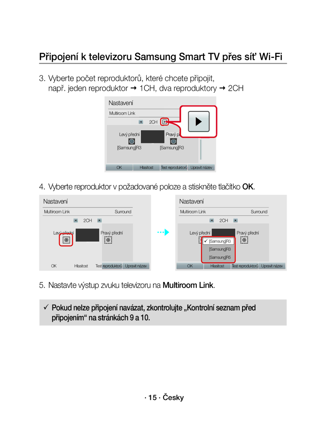 Samsung WAM1500/XE, WAM1500/EN manual · 15 · Česky, Pravý př ední, Pravý přední 