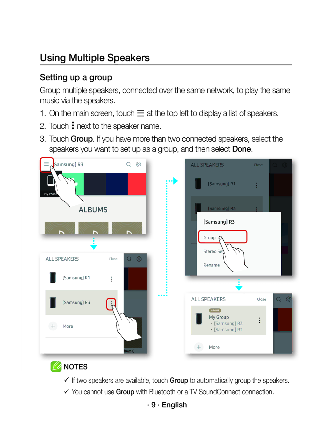 Samsung WAM1500/EN, WAM1500/ZF manual Using Multiple Speakers, Setting up a group, Touch next to the speaker name 