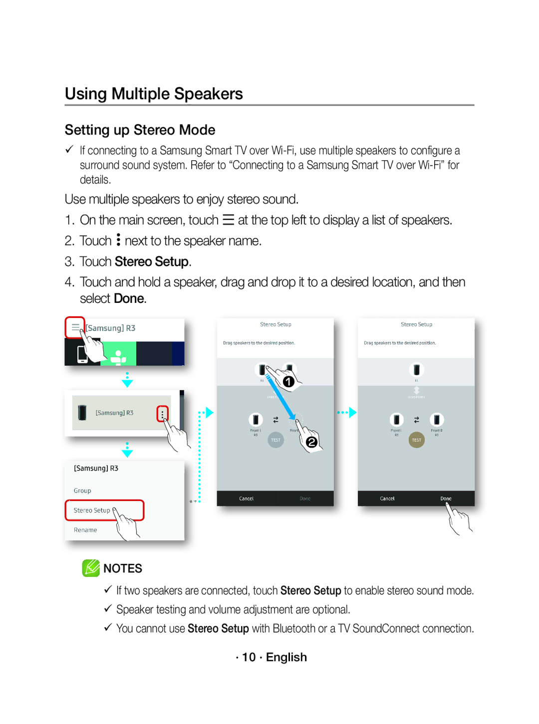 Samsung WAM1500/ZF, WAM1500/EN manual Setting up Stereo Mode, Use multiple speakers to enjoy stereo sound 