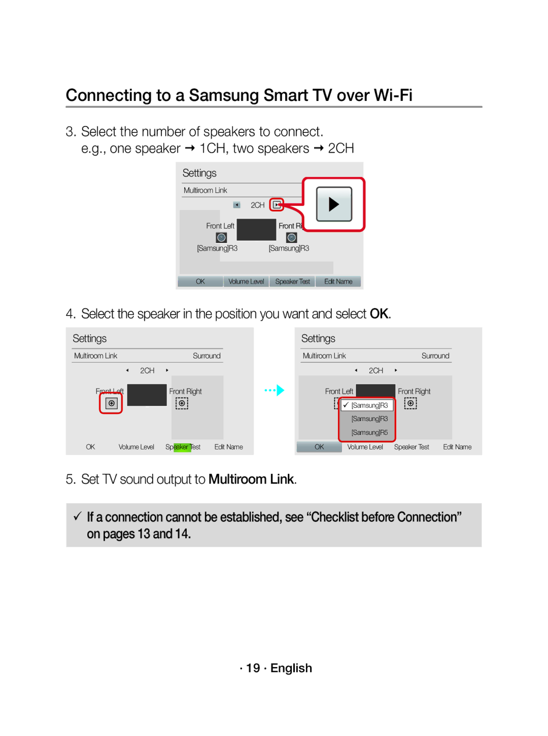 Samsung WAM1500/EN, WAM1500/ZF manual Select the speaker in the position you want and select OK 