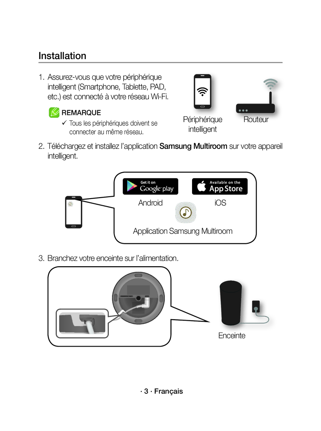 Samsung WAM1500/ZF, WAM1500/EN manual Installation, Enceinte 