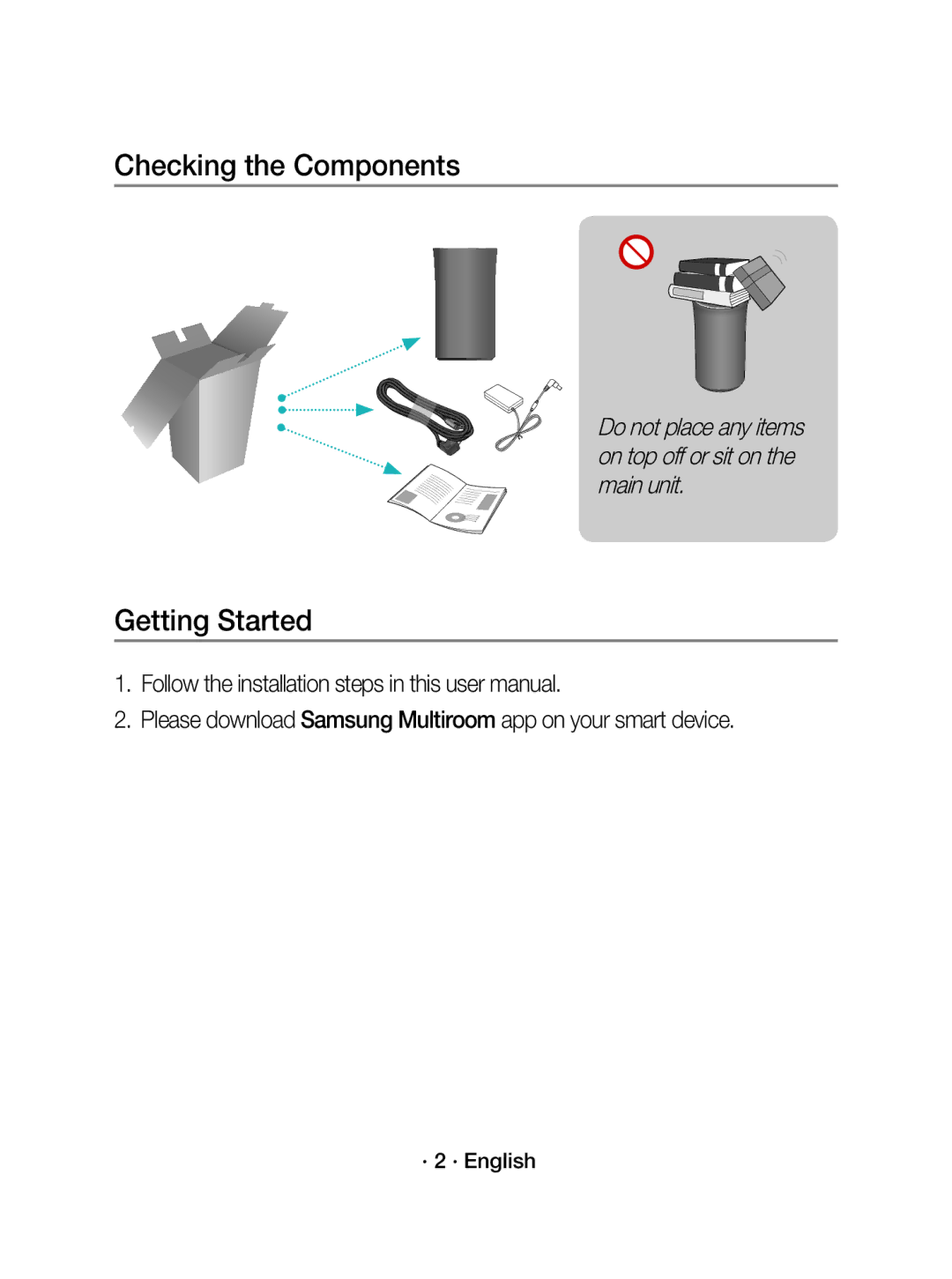 Samsung WAM1500/ZF Checking the Components, Getting Started, Please download Samsung Multiroom app on your smart device 