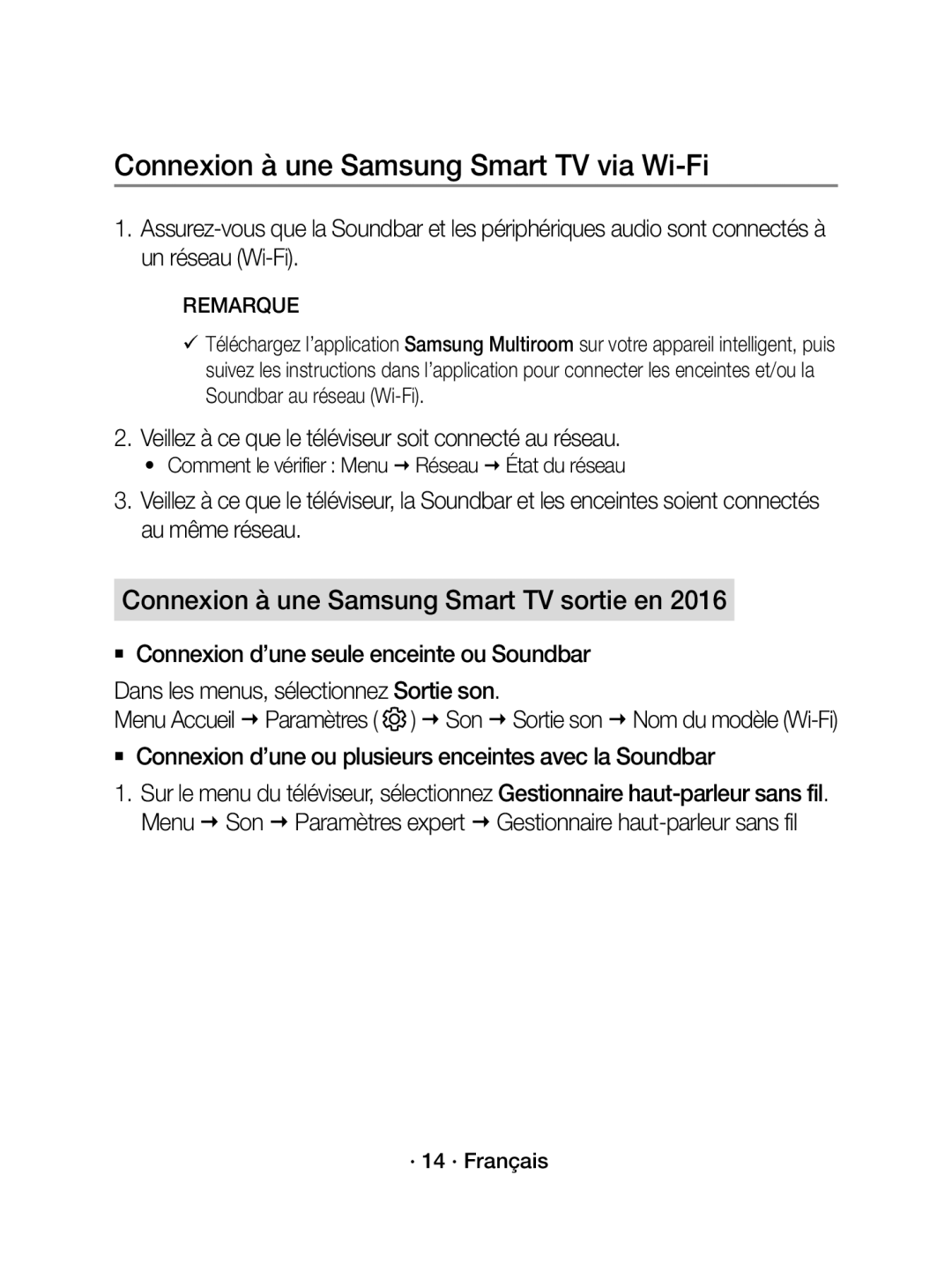 Samsung WAM1500/EN, WAM1500/ZF manual Connexion à une Samsung Smart TV via Wi-Fi, Connexion à une Samsung Smart TV sortie en 