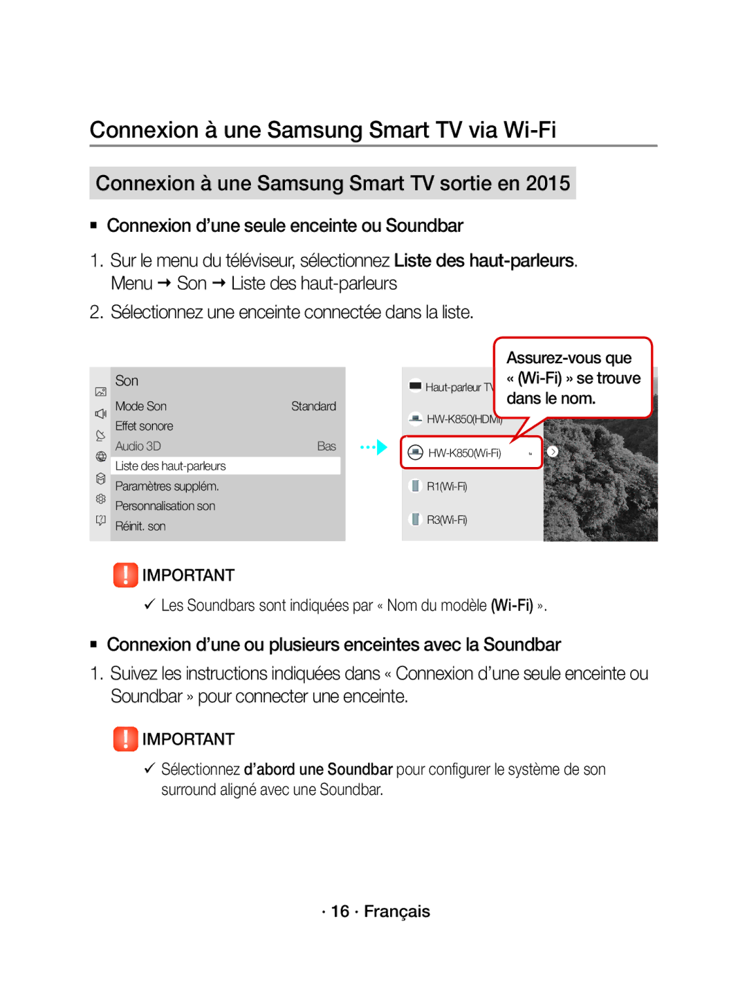 Samsung WAM1500/EN manual  Connexion d’une seule enceinte ou Soundbar, Sélectionnez une enceinte connectée dans la liste 