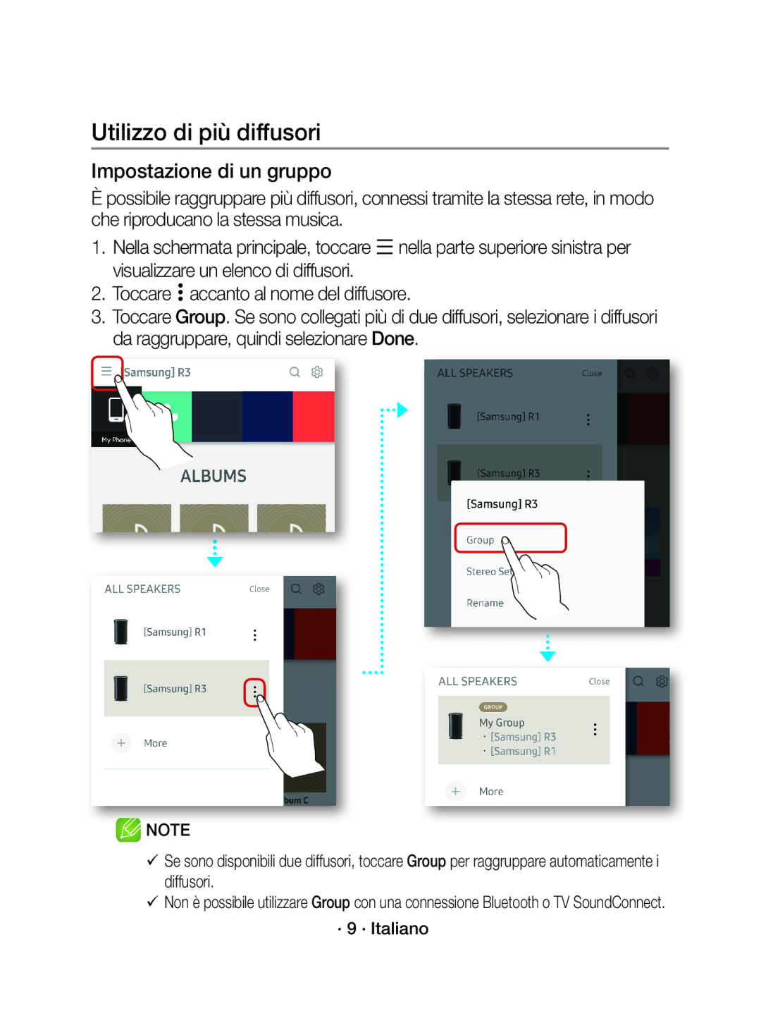 Samsung WAM1500/EN, WAM1500/ZF manual Utilizzo di più diffusori, Impostazione di un gruppo 