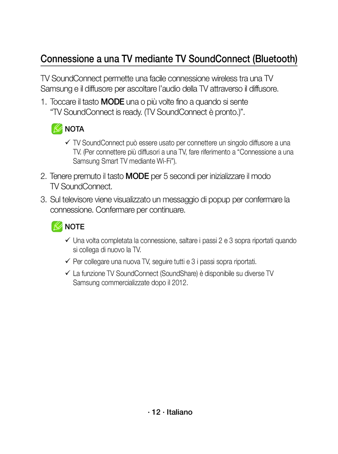 Samsung WAM1500/ZF, WAM1500/EN manual Connessione a una TV mediante TV SoundConnect Bluetooth 