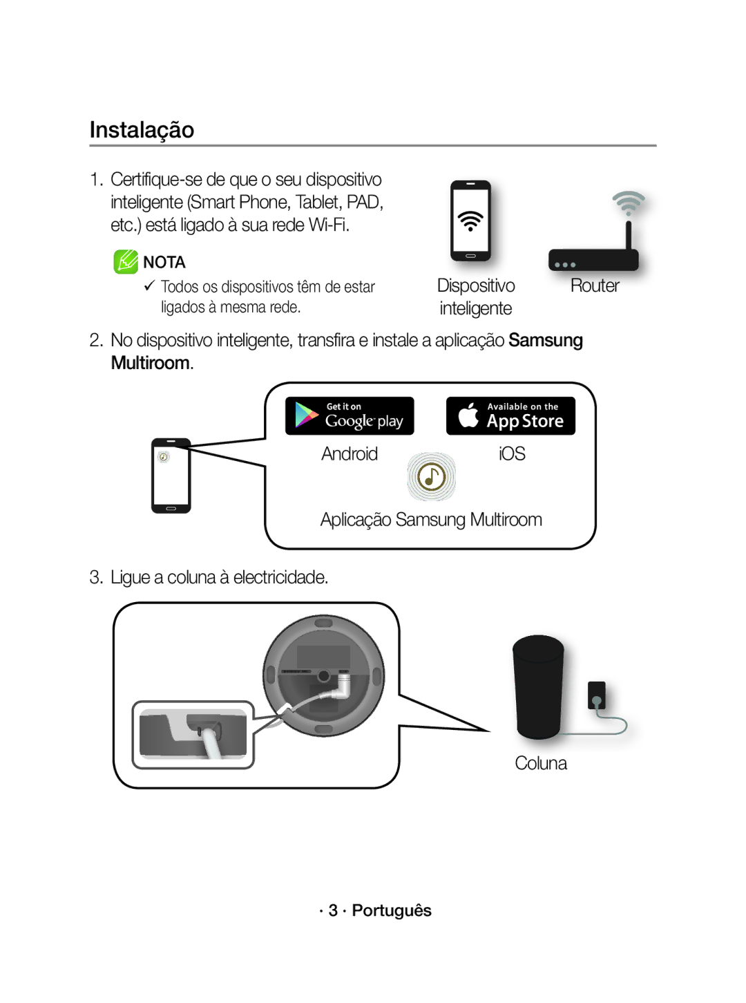 Samsung WAM1500/ZF, WAM1500/EN manual Instalação, Coluna 