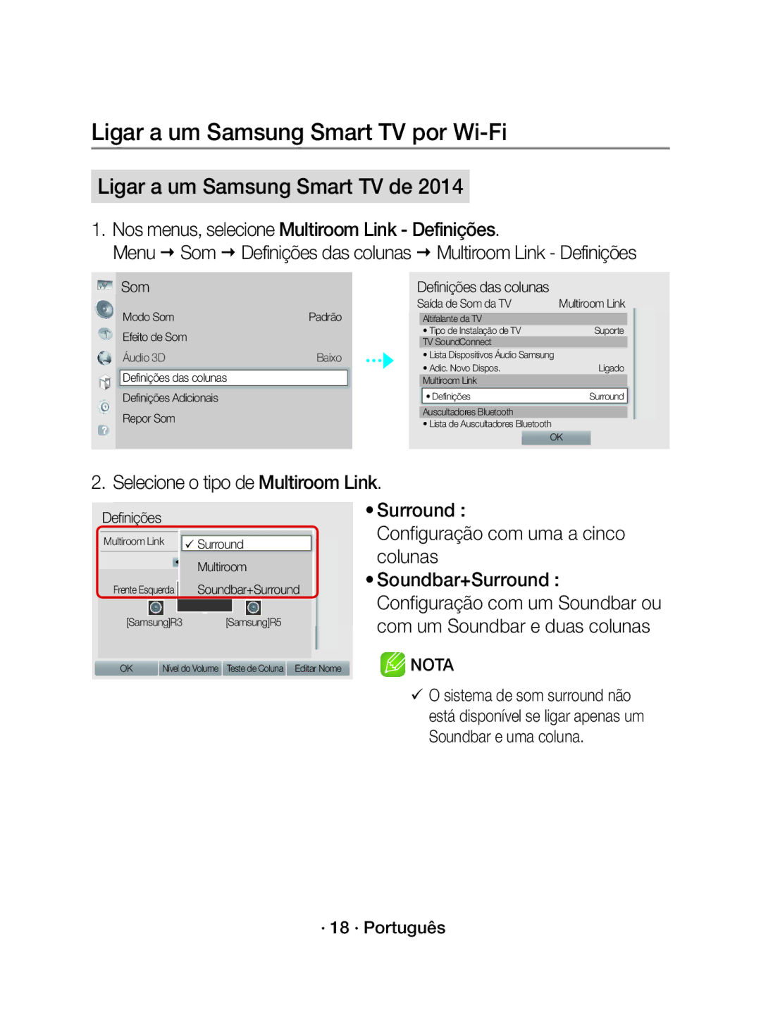 Samsung WAM1500/EN manual Nos menus, selecione Multiroom Link Definições, Surround Configuração com uma a cinco colunas 