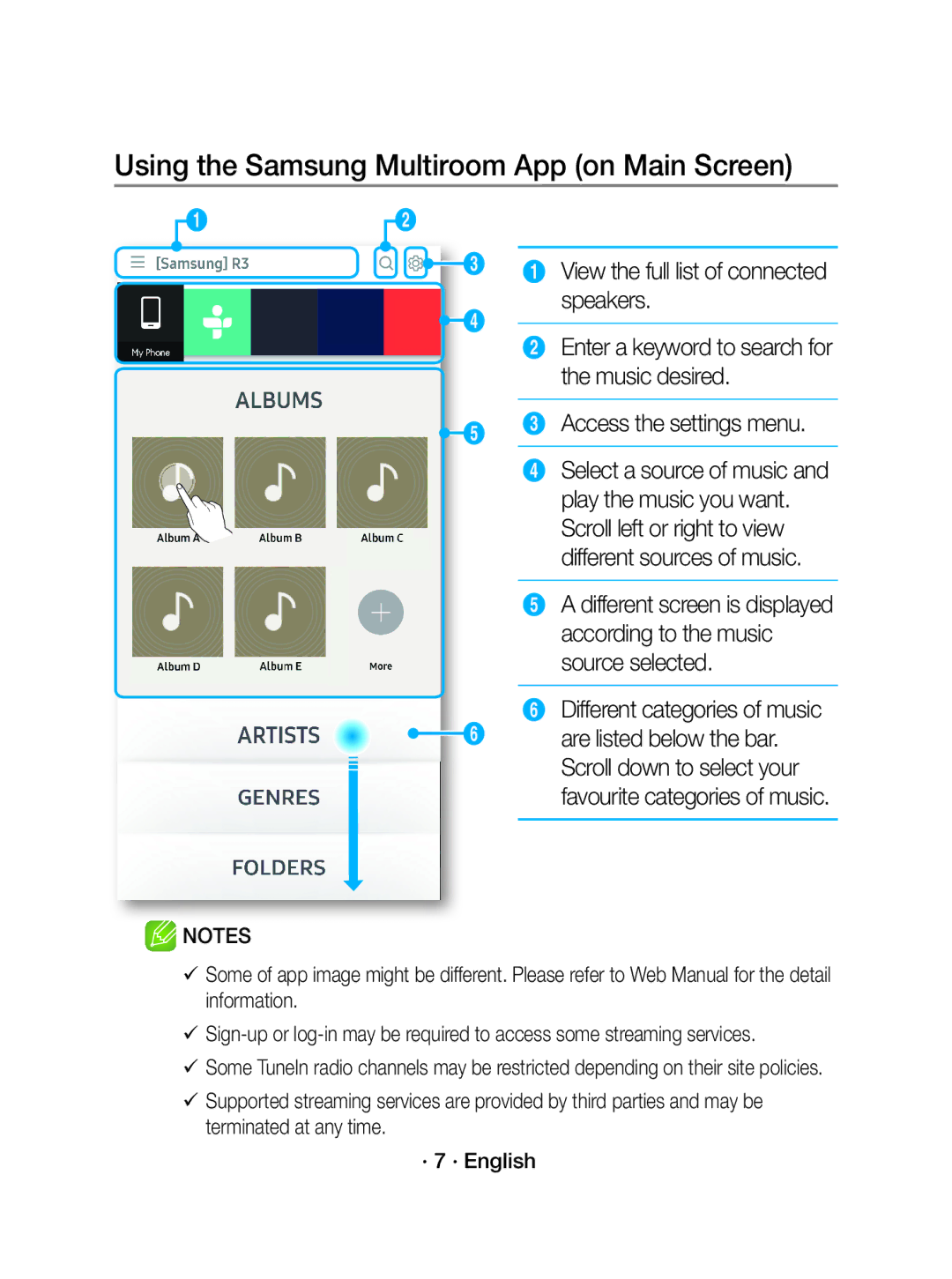 Samsung WAM1500/EN manual Using the Samsung Multiroom App on Main Screen, Access the settings menu Select a source of music 