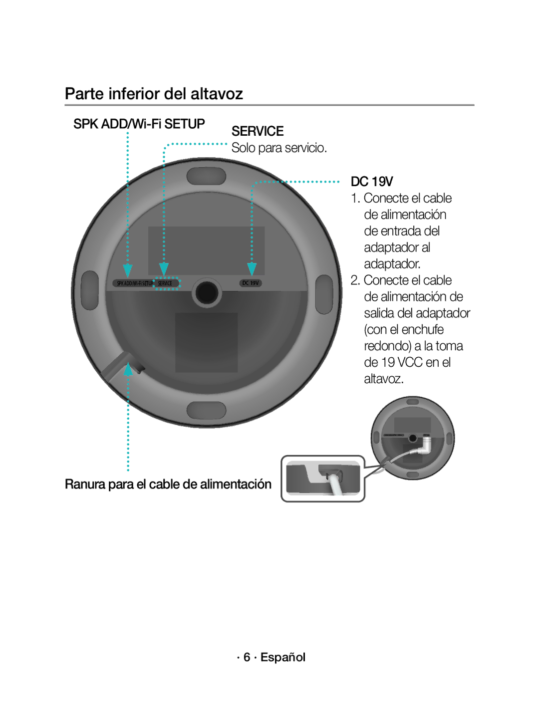 Samsung WAM1500/ZF, WAM1500/EN manual Parte inferior del altavoz, Ranura para el cable de alimentación 