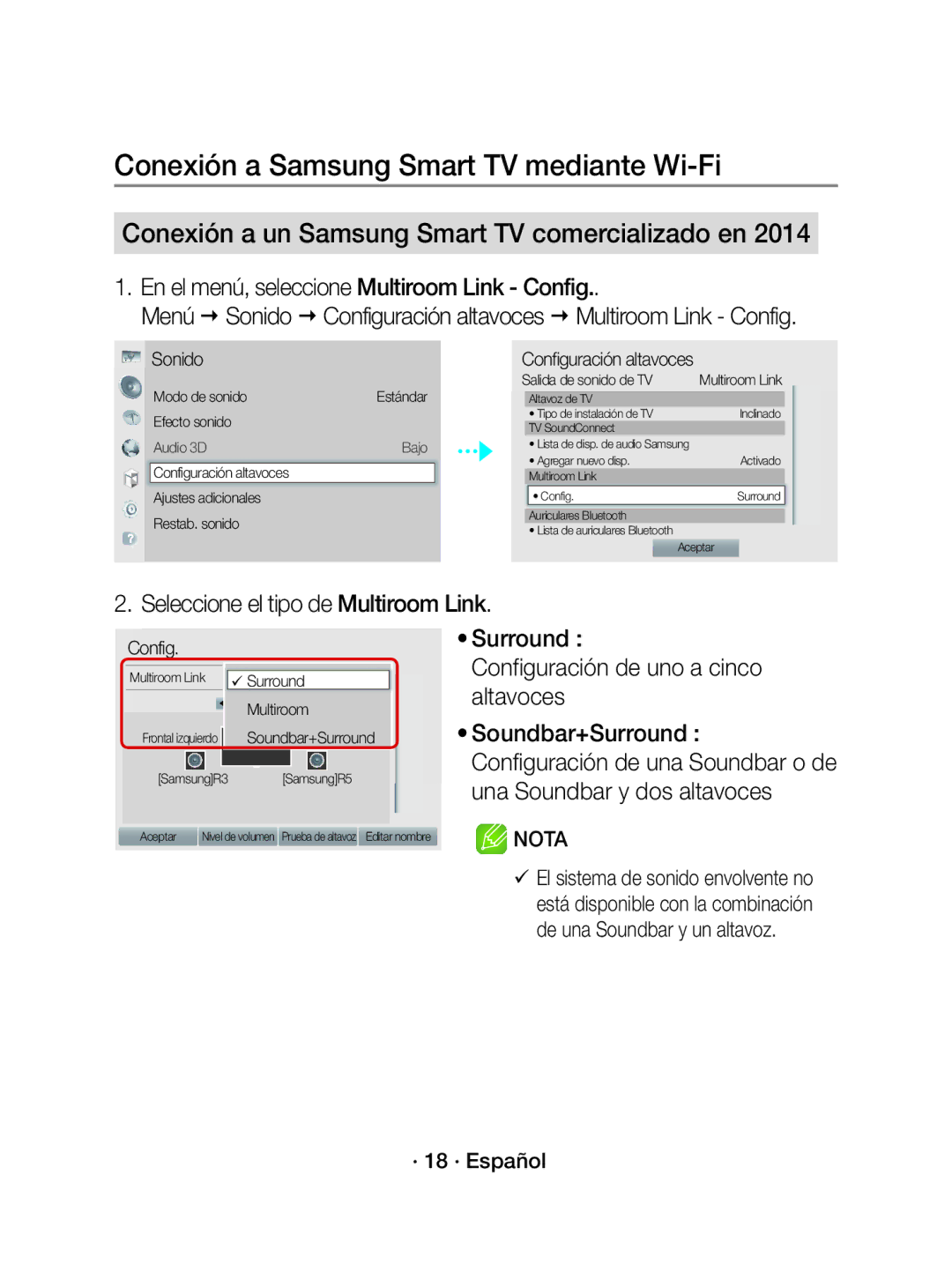 Samsung WAM1500/ZF, WAM1500/EN manual En el menú, seleccione Multiroom Link Config, Seleccione el tipo de Multiroom Link 