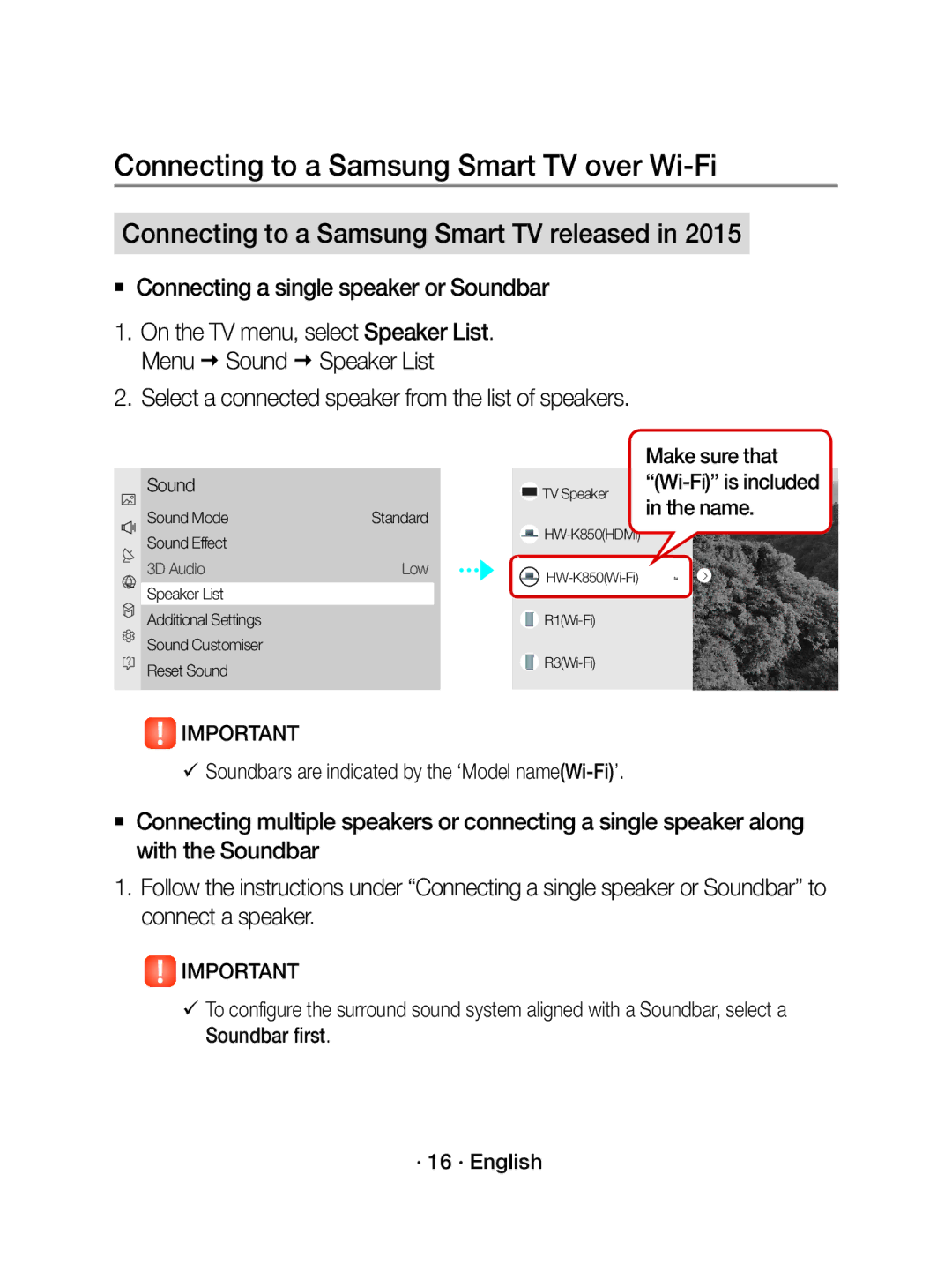 Samsung WAM1500/EN manual  Connecting a single speaker or Soundbar, Select a connected speaker from the list of speakers 