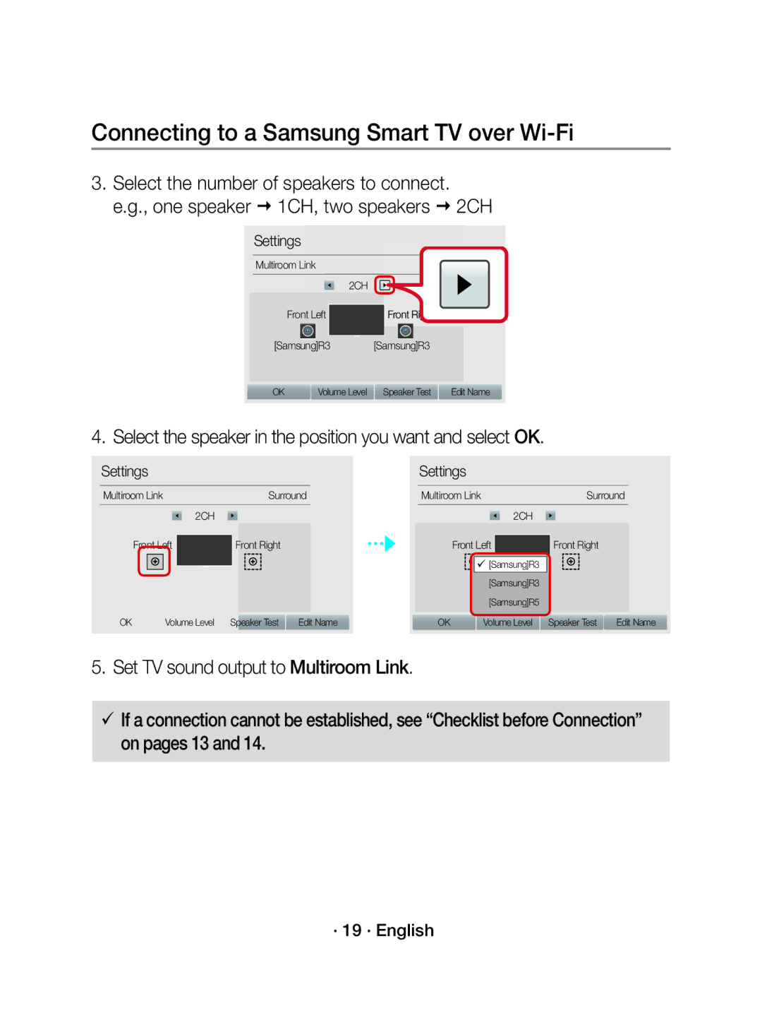 Samsung WAM1500/EN manual Select the speaker in the position you want and select OK, · 19 · English 