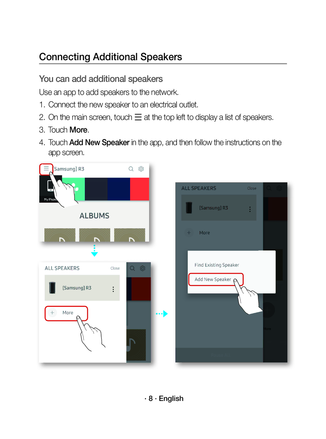 Samsung WAM1500/EN manual Connecting Additional Speakers, · 8 · English 