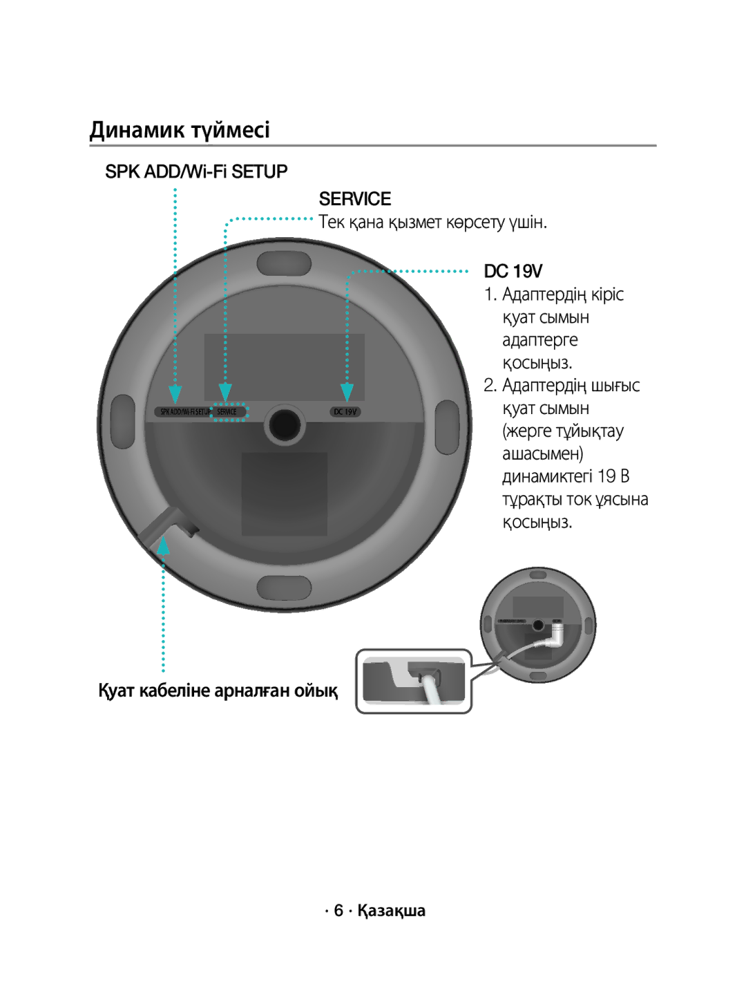 Samsung WAM1500/RU manual Динамик түймесі, Тек қана қызмет көрсету үшін, Қуат кабеліне арналған ойық, · 6 · Қазақша 