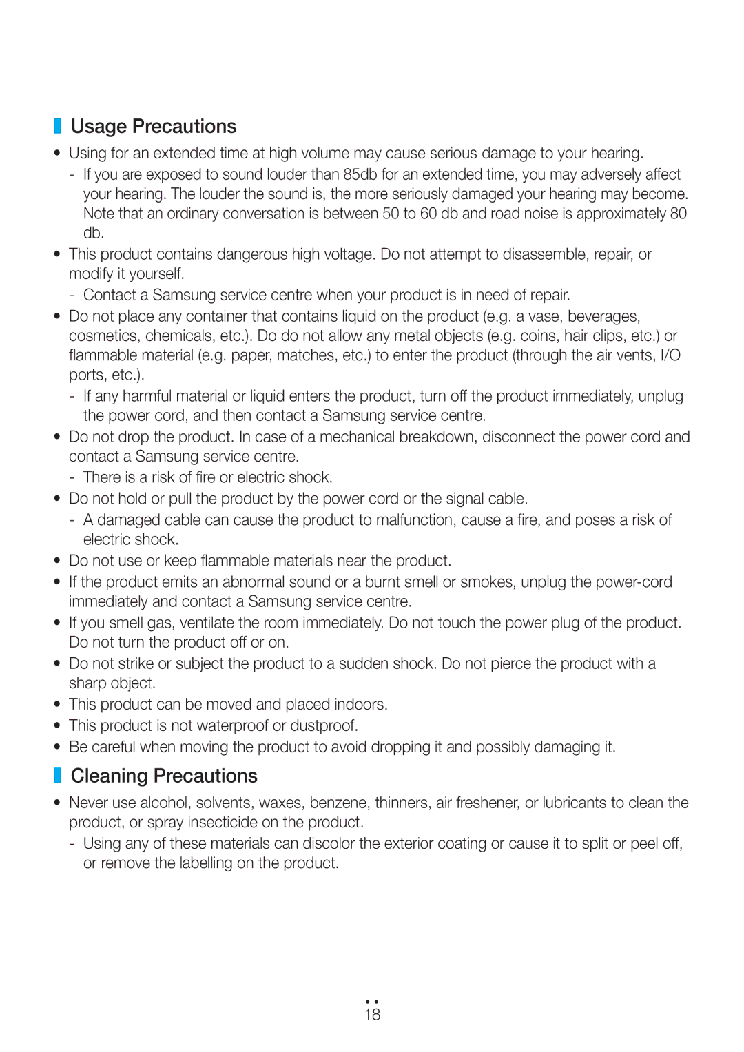 Samsung WAM1500/SQ, WAM3500/SQ manual Usage Precautions, Cleaning Precautions 