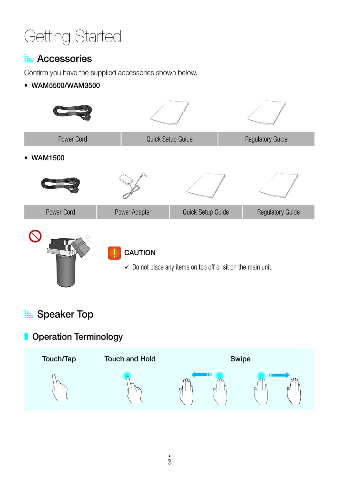 Samsung WAM3500/SQ Getting Started, AA Accessories, AA Speaker Top, Operation Terminology, Touch/Tap Touch and Hold Swipe 