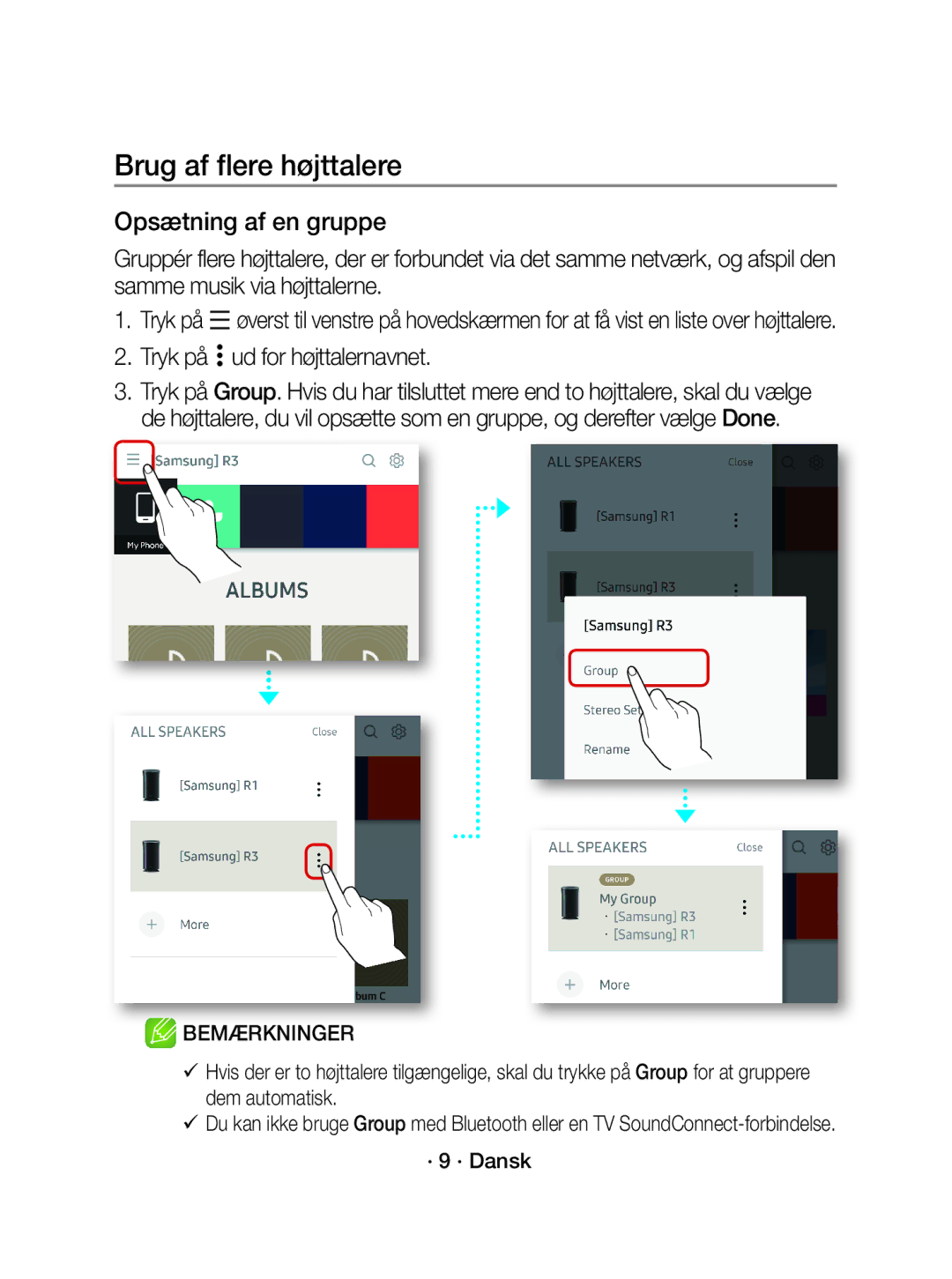 Samsung WAM1500/XE manual Brug af flere højttalere, Opsætning af en gruppe, Tryk på ud for højttalernavnet, · 9 · Dansk 