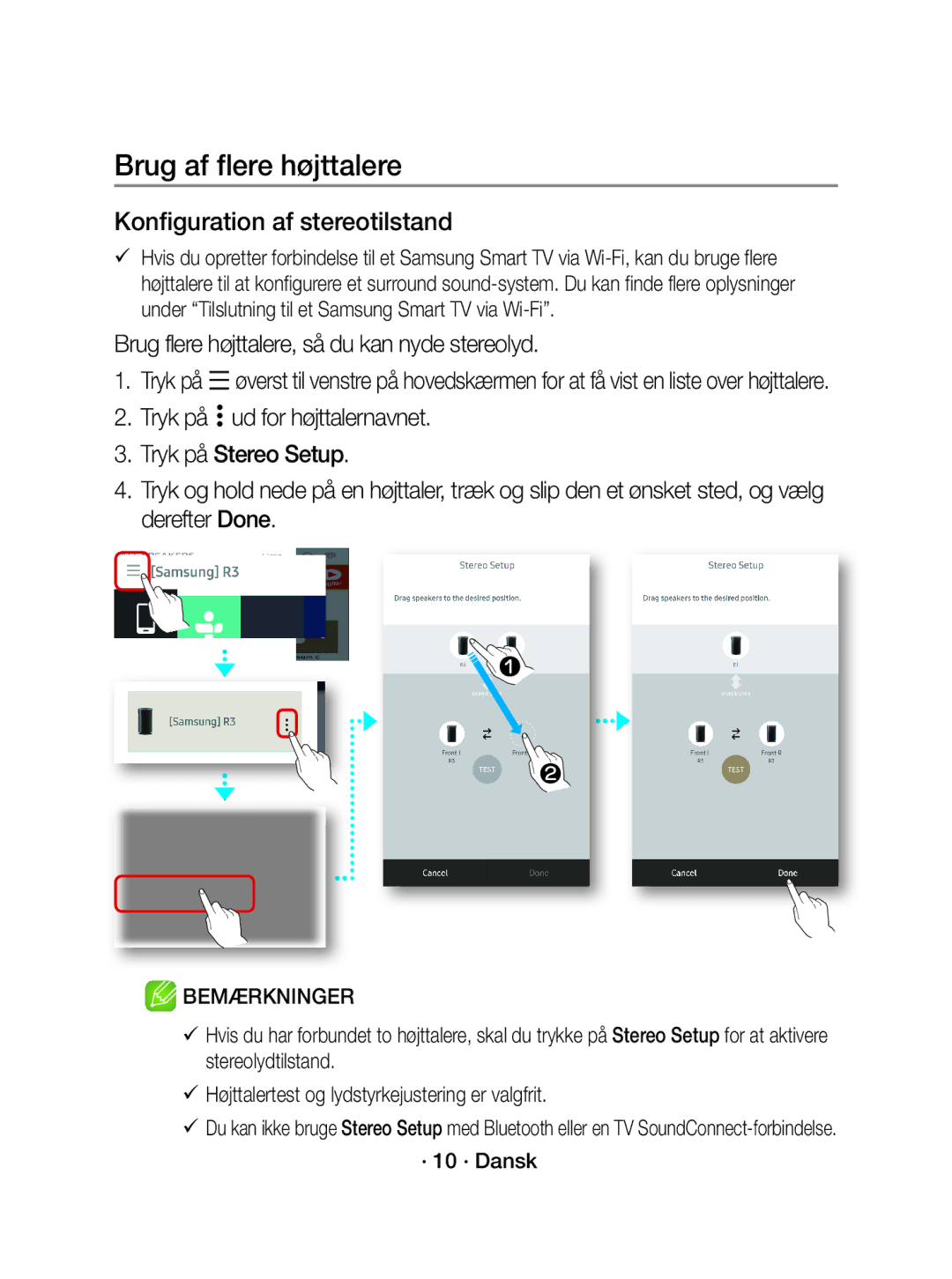 Samsung WAM1500/XE manual Konfiguration af stereotilstand, Brug flere højttalere, så du kan nyde stereolyd, · 10 · Dansk 