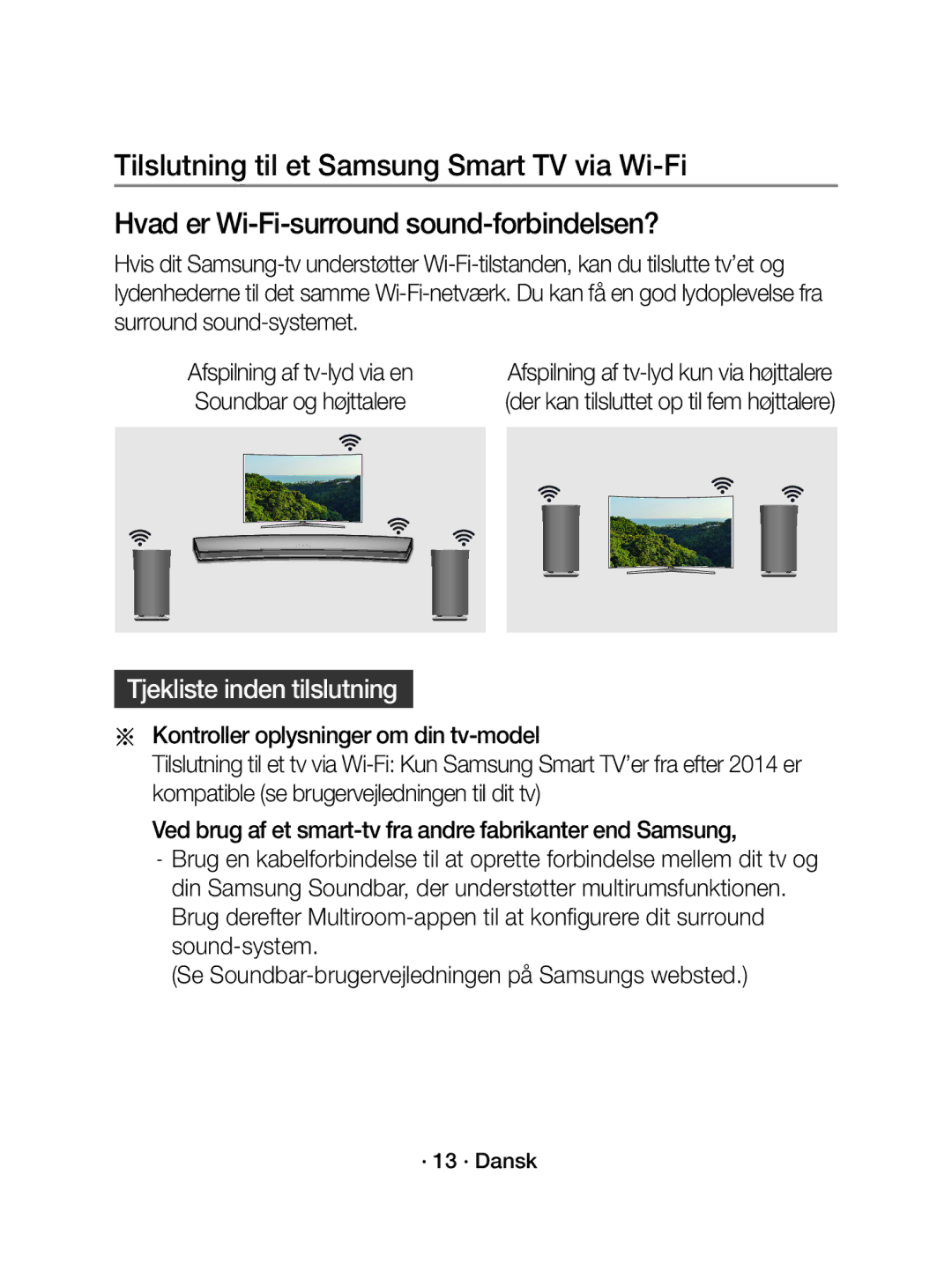 Samsung WAM1500/XE manual Tjekliste inden tilslutning, · 13 · Dansk 