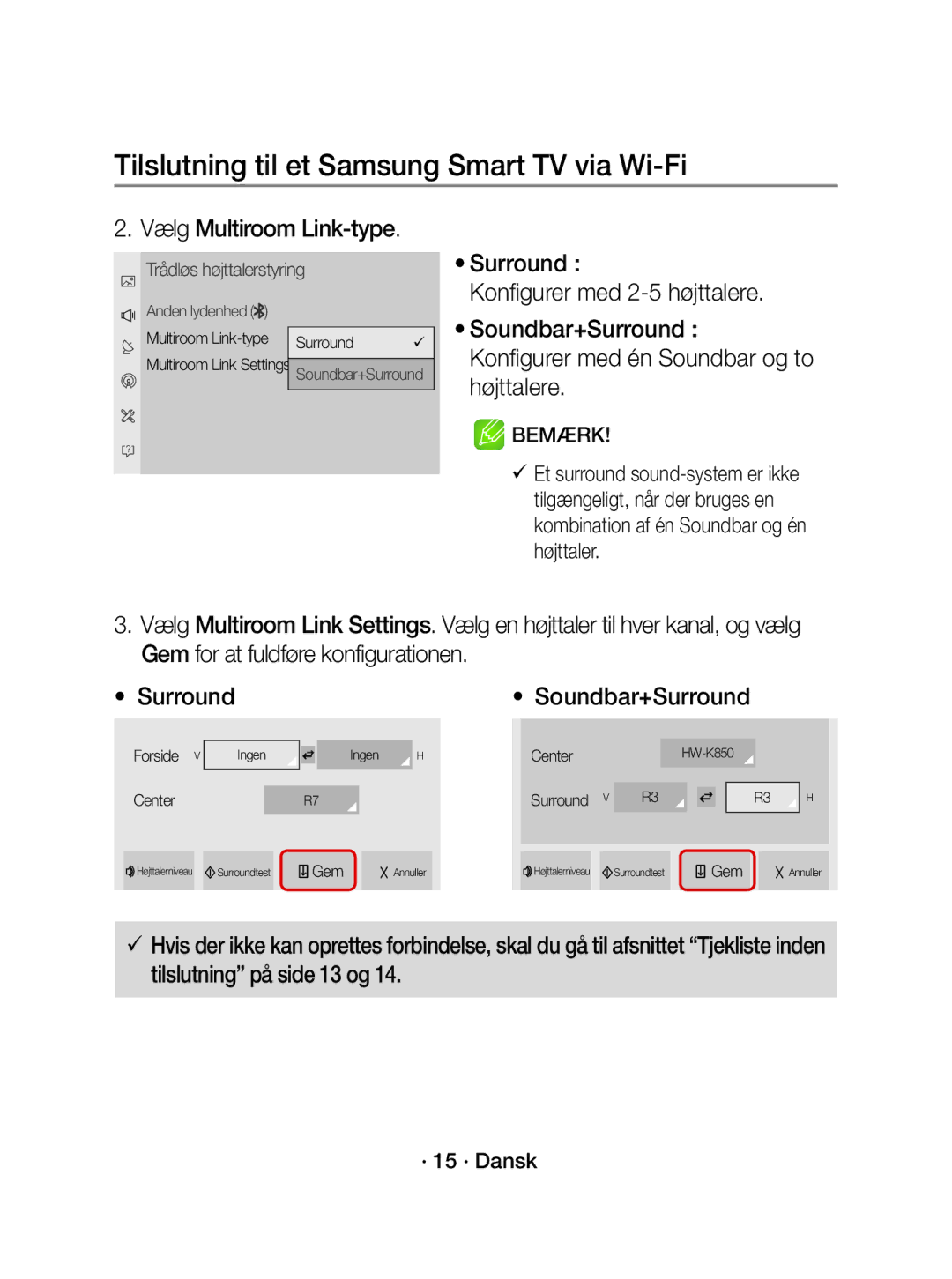 Samsung WAM1500/XE manual Vælg Multiroom Link-type, Soundbar+Surround, · 15 · Dansk 