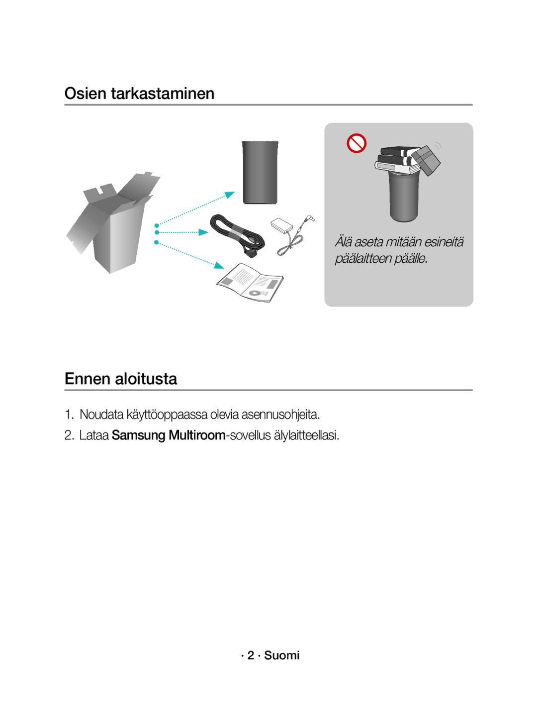 Samsung WAM1500/XE manual Osien tarkastaminen, Ennen aloitusta, · 2 · Suomi 