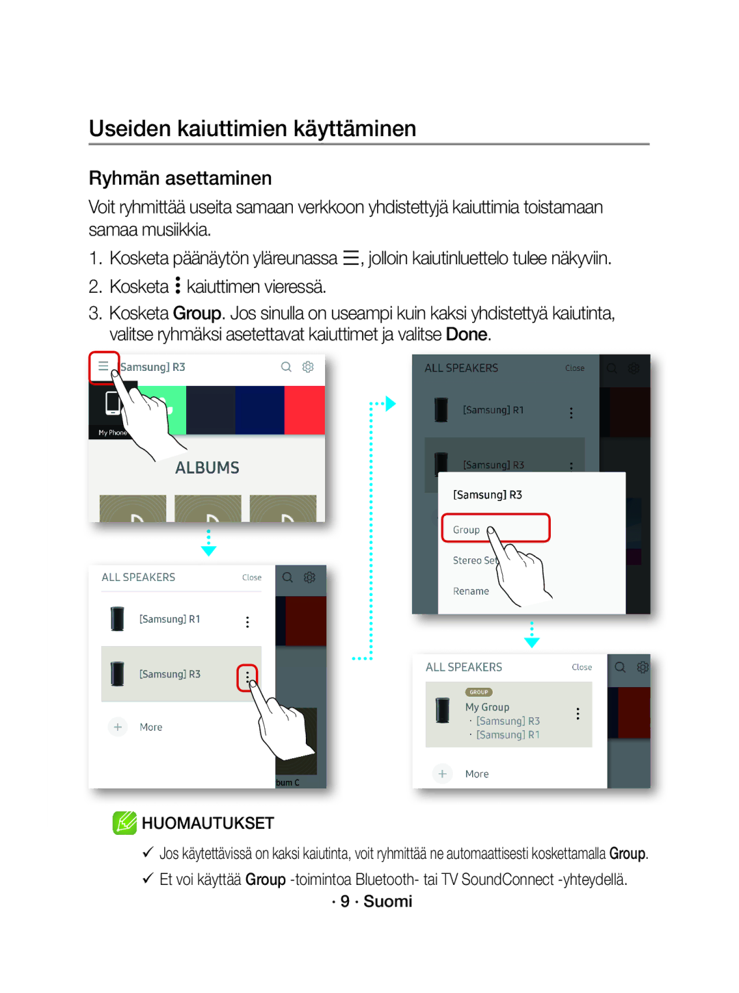 Samsung WAM1500/XE manual Useiden kaiuttimien käyttäminen, Ryhmän asettaminen, Kosketa kaiuttimen vieressä, · 9 · Suomi 