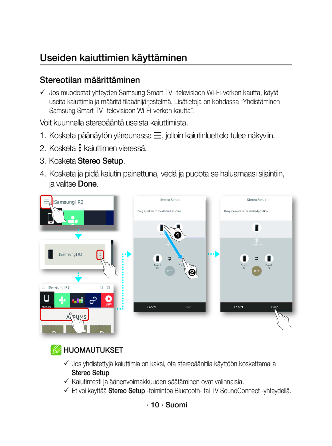 Samsung WAM1500/XE manual Stereotilan määrittäminen, Voit kuunnella stereoääntä useista kaiuttimista, · 10 · Suomi 