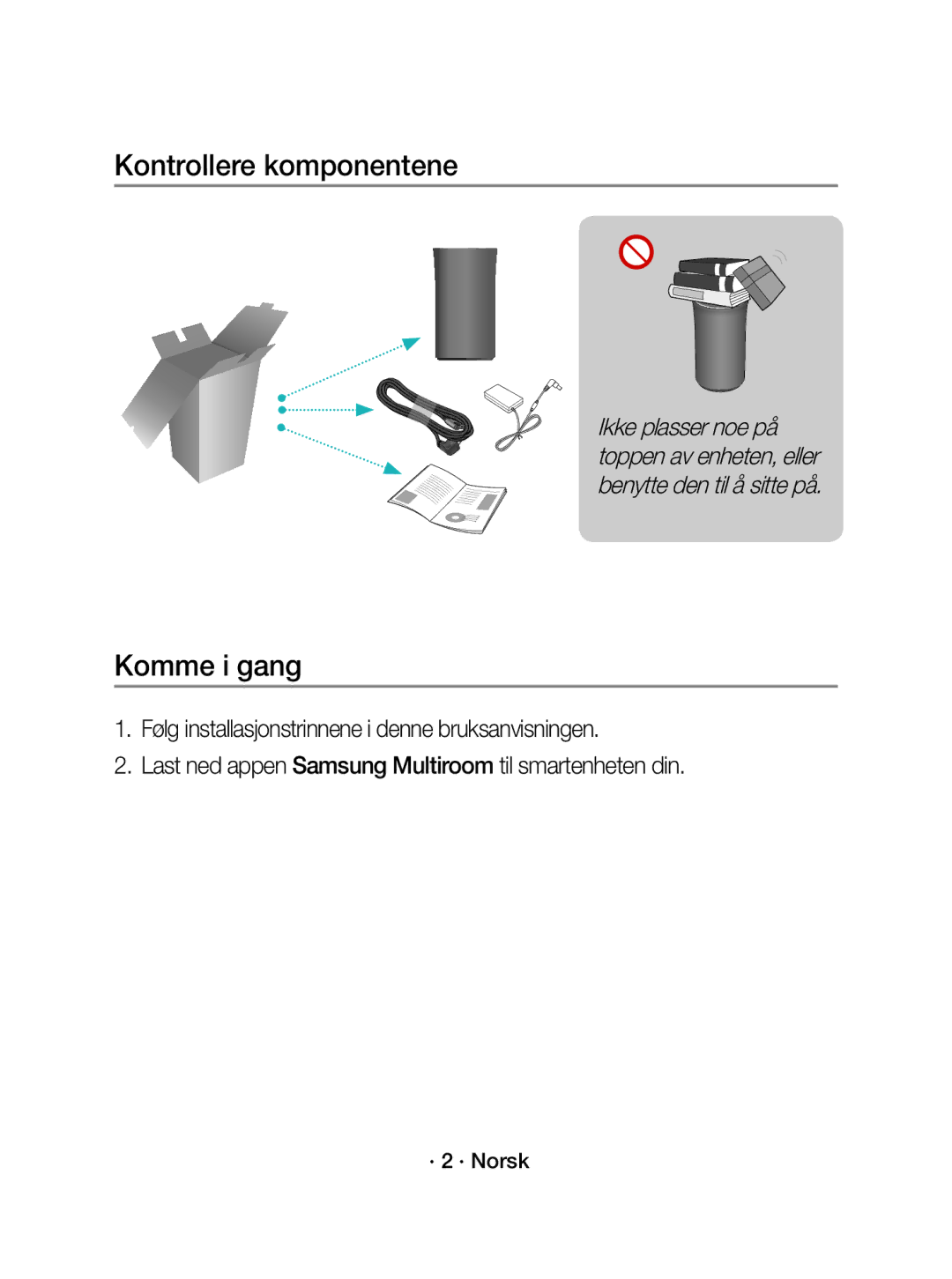 Samsung WAM1500/XE manual Kontrollere komponentene, Komme i gang, · 2 · Norsk 