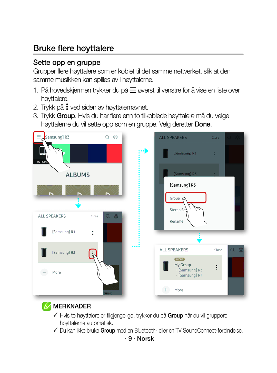 Samsung WAM1500/XE manual Bruke flere høyttalere, Sette opp en gruppe, · 9 · Norsk 