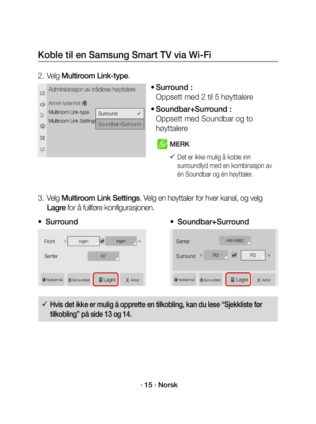 Samsung WAM1500/XE manual Velg Multiroom Link-type, · 15 · Norsk 