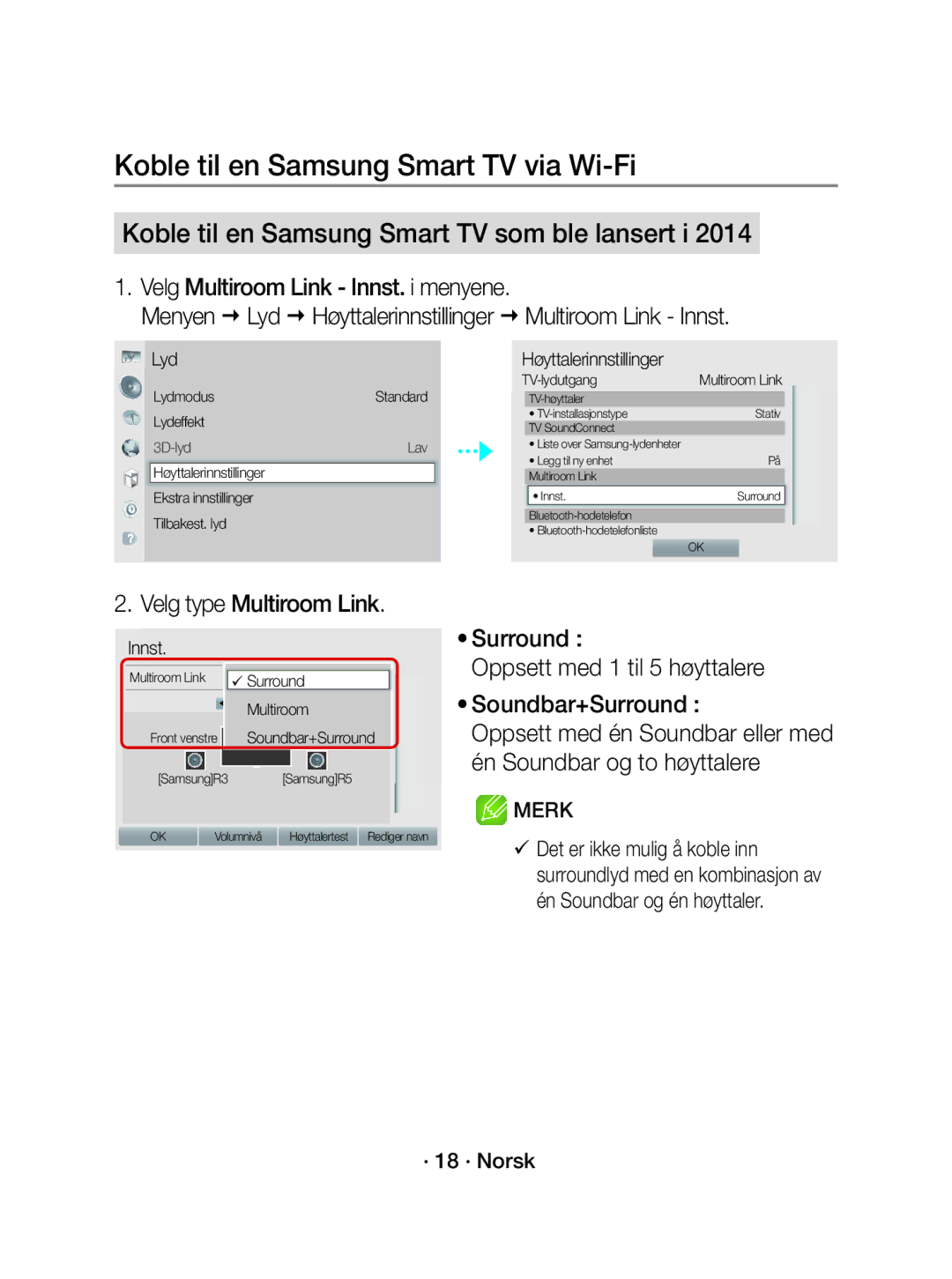 Samsung WAM1500/XE manual Velg type Multiroom Link, Surround Oppsett med 1 til 5 høyttalere Soundbar+Surround, · 18 · Norsk 